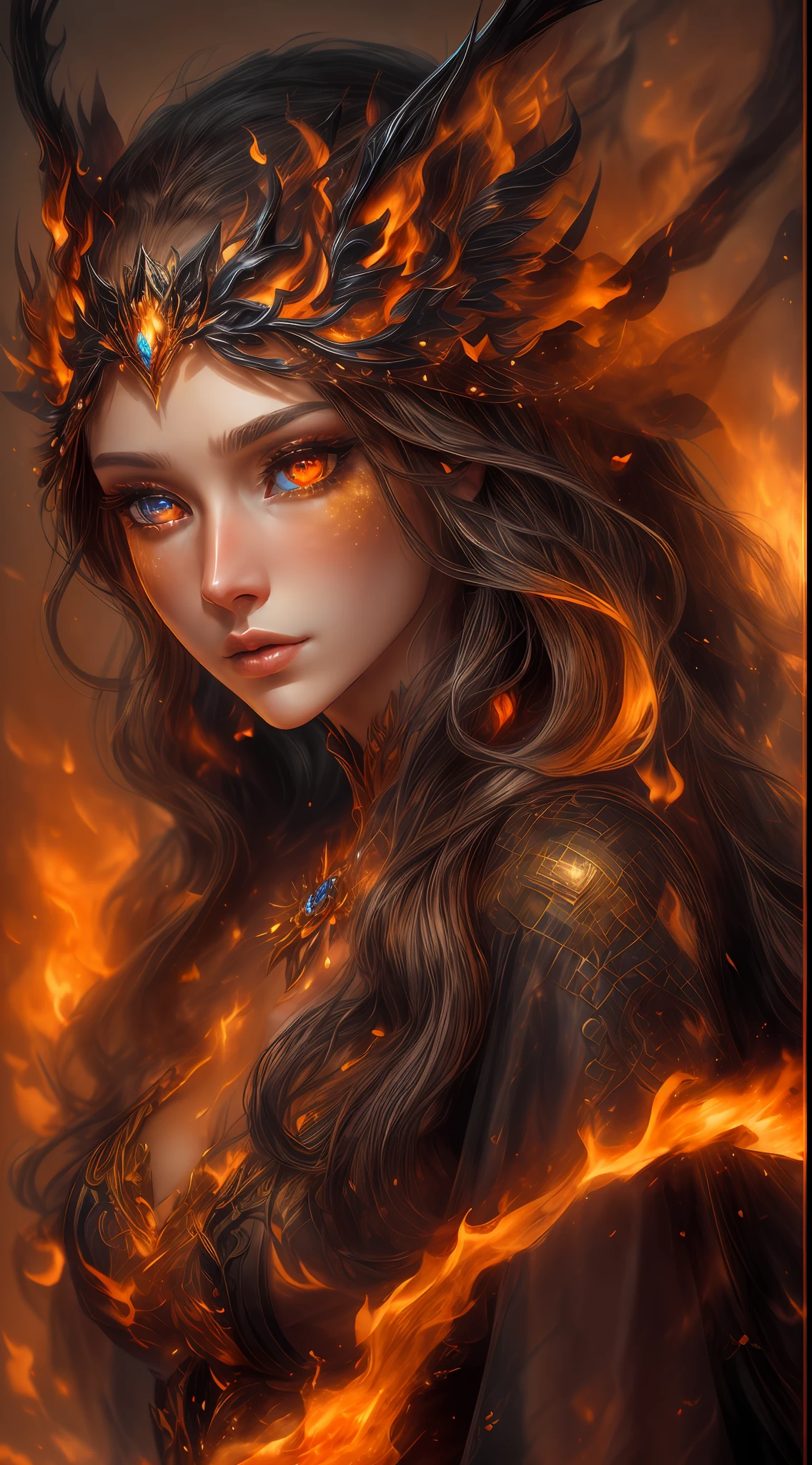 This is a realistic fantasy artwork prominently featuring realistic fire, including wisps of flames, glowing hot embers, subtle curls of smoke, and a beautiful fire druid. The druid stands in the midst of a raging inferno with an interesting composition. Her face is expertly sculpted, with elegant and refined features and perfect shading and realistic skin texture. Her (orange and gold eyes) are stunning and are the focal point of this image. (Her eyes extremely detailed, beautiful detailed eyes, and macro). Her eyes feature intricate detailing with clearly defined irises and bright sclera. Her soft lips are smooth and very puffy, and her skin is adorned with a light flush and ornate fire detailing. Her long gown is stunning and expensive, and is made of pure flames and glittering, ornate jewels that glimmer in the fire light. Her billowing gown glitters from the flames and features a delicately and intricately embroidered bodice with wisps of flames running across it. Include fantasy elements like bumps, stones, fiery iridescence, glowing embers, silk, and an interesting background. Include fiery magical creatures such as fiery birds and fiery butterflies that give off a magical and mystical aura. Lighting: Utilize the latest trends in lighting to enhance the artwork's beauty. Camera: Utilize dynamic composition to create a sense of urgency and excitement. Take inspiration from the current masters of the fantasy genre, including trending artists on Artstation and Midjourney. ((masterpiece))