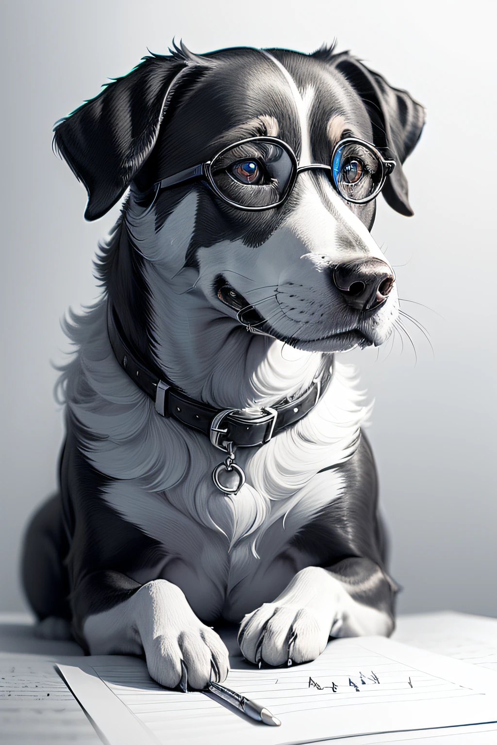 a detailed pencil black and white drawing of a curious dog waring light blue colored glasses on a white background