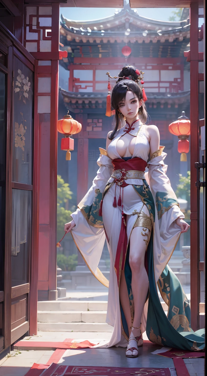 Ancient Chinese architecture，National style beautiful girl，Wear revealing Hanfu，Simple clothing， Minimalist style，Mixed Chinese and American races，The background is blurred out，focal，电影灯光，(((tmasterpiece))), ((best qualtiy)), ((Complex and detailed)), ((ultra-realistic realism)), Ridiculous resolution, A MILF, Mature woman, ssee-through, highly  detailed, illustratio, 1girll, (mediuml breasts), Thin waist and thick hips，long leges，beatiful detailed eyes, short detailed hair, brunette color hair, a purple eye, blackstockings，lacy clothing，Skirt that wraps hips，tightsuit，with faintly visible，Cool clothing，The body proportions are perfect，（No underwear：1.2），detailed back ground, perfect  eyes, Seductive eye, （nice hand），Detail hands，looking at viewert，From the front，Wear light，juicy legs，deep v big breasts，