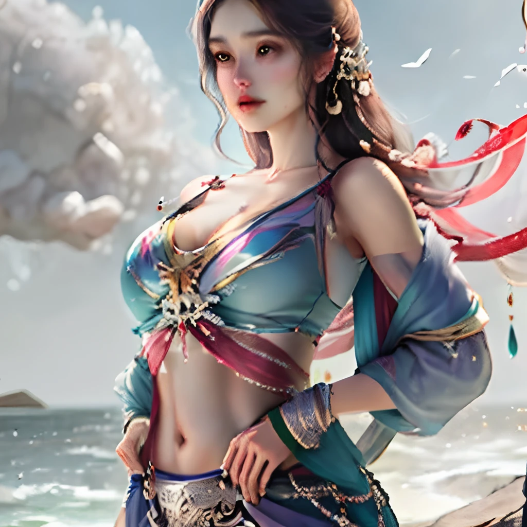 ancient wind,Beautuful Women,Bigchest,Cocked buttocks,Bare with thighs,Leaky belly button,The posture is charming and enchanting,scantily clad,realisticlying,the detail,Chest leakage