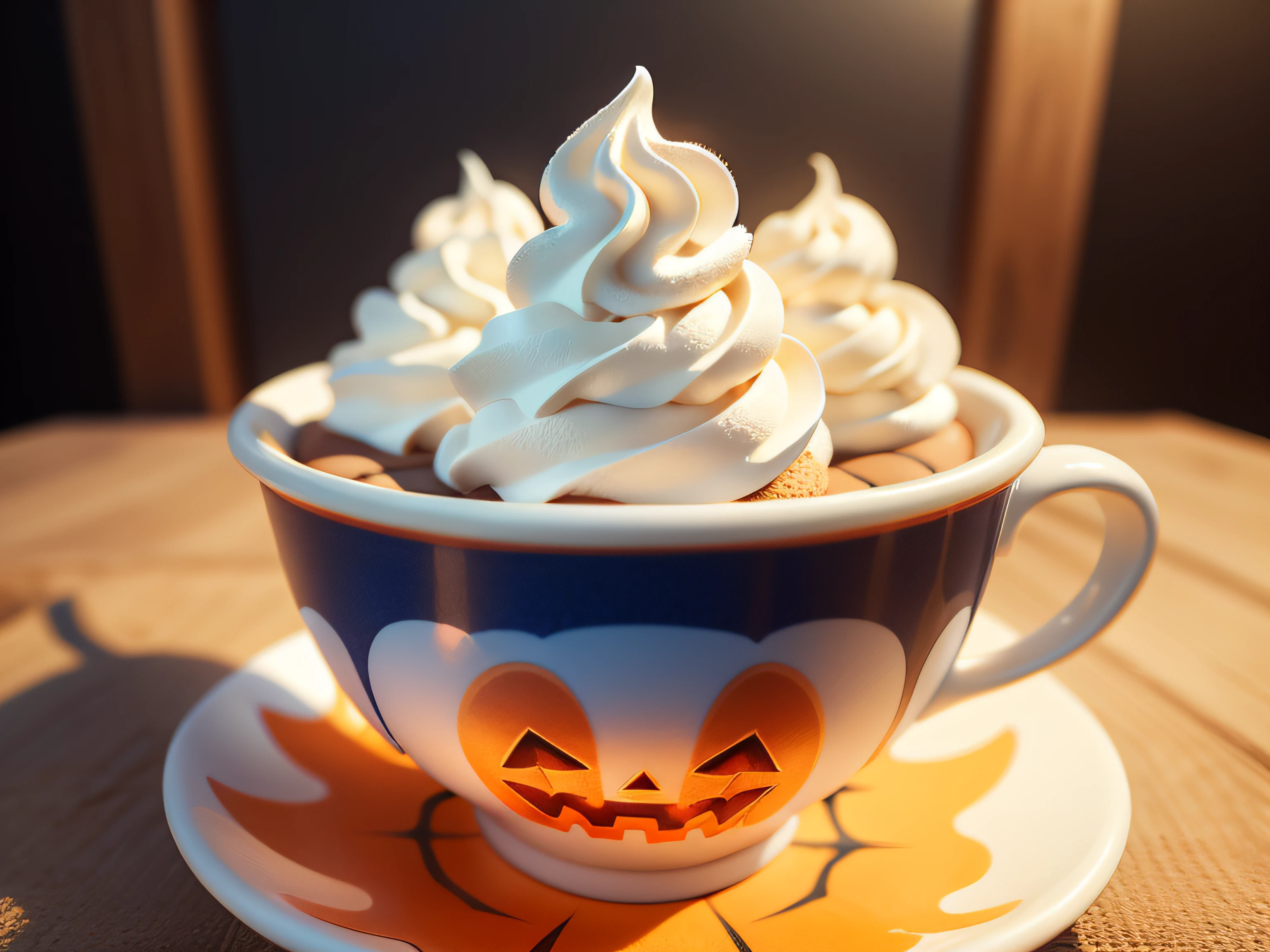 Soft-serve ice cream in a cup with a Halloween pattern、No humans、depth of fields、(blurry backround))、 masterpiece、top-quality、The ultra-detailliert