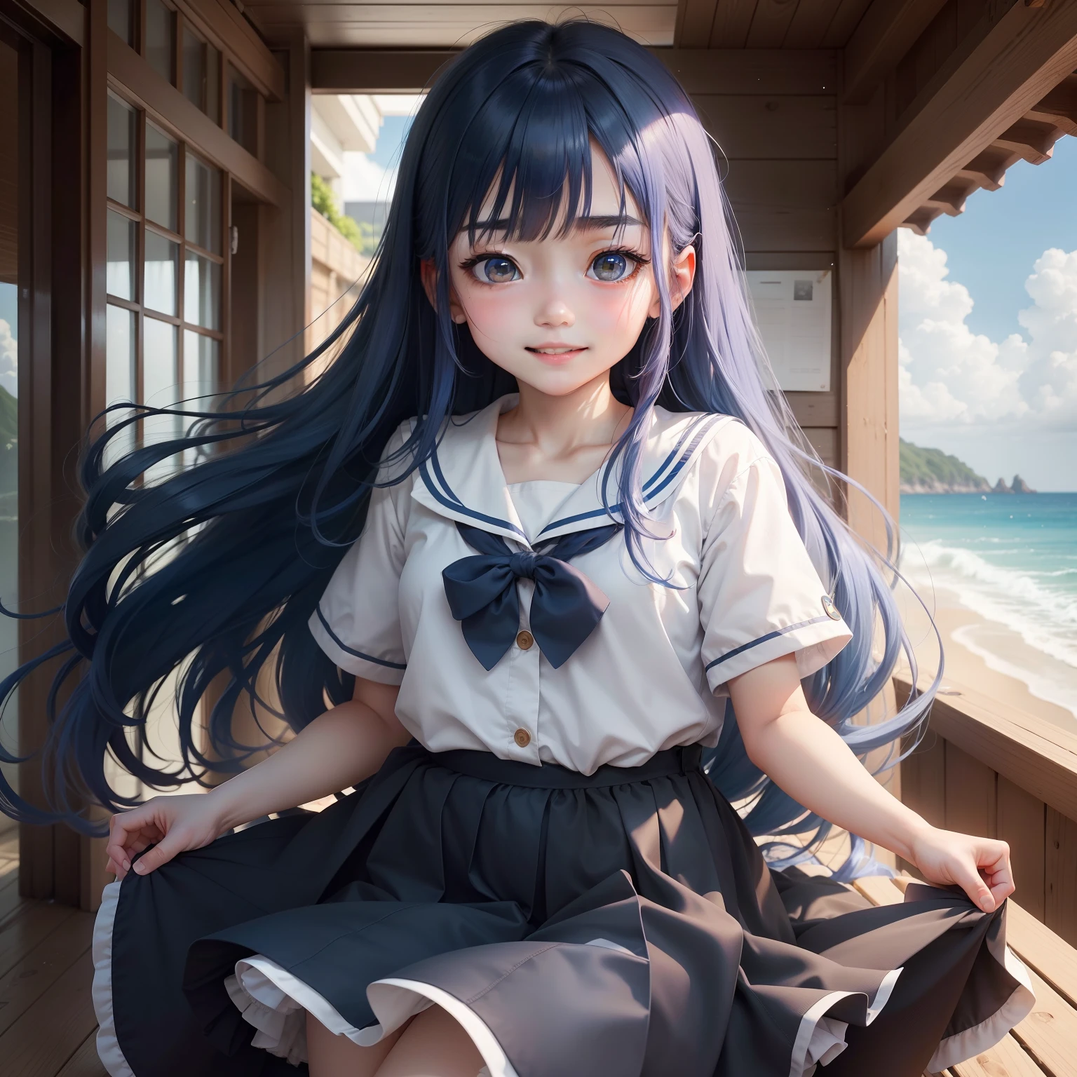 high-level image quality、​masterpiece、Raw photography、8K、detaileds、1 persons、独奏、Teenage woman、Only one person on screen、Konata Izumi（Rakisuta）、17 age、Slender figure、Blue-haired、Cobalt blue hair color、Empty bangs、Straight hairy long hair、very, Very long hair、Straight hair、Make the hair on the right head bounce、Bouncing hair、Floating hair、Full body like、Very big eyes、Light green eyes、Thin eyebrows、Calm eyes、Soft eyes、weakness;、Unmotivated、Fluffy smile、Gentle、huge smile、Fluffy smile、Face before kiss、Close your eyes and stick your lips out、Blue School Uniform、a sailor suit、small tits、very small udder、very, Very small、full of sweat、perspiring、Dripping sweat、The gaze is watching the viewing、up of face、outside of house、coastline、the beach、Daytime、Red cheeks、