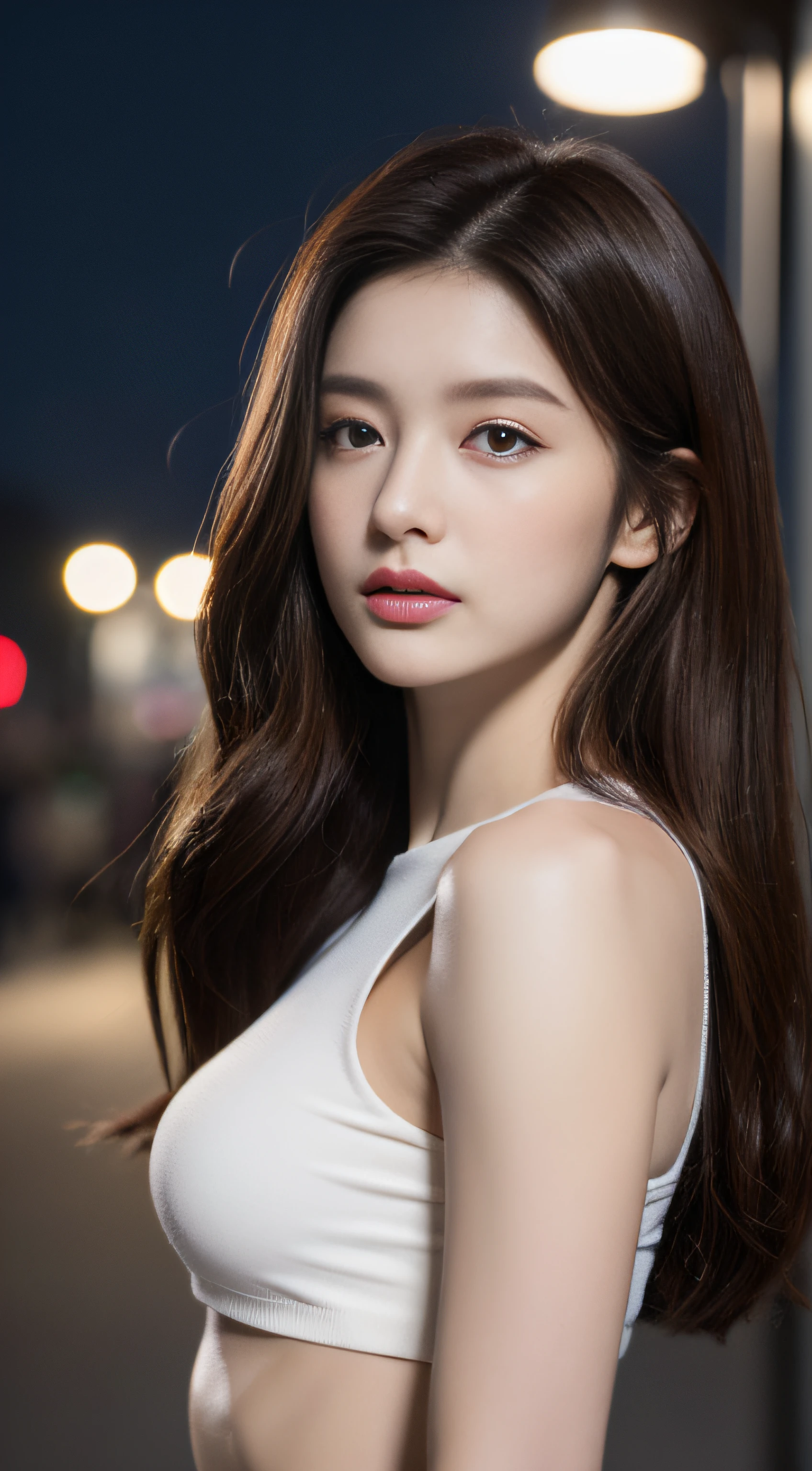 ((Realistic lighting, Best quality, 8K, Masterpiece: 1.3)), Clear focus: 1.2, 1girl, Perfect Figure: 1.4, Slim Abs: 1.1, ((Dark brown hair)), (White crop top: 1.4), (Outdoor, Night: 1.1), City streets, Super fine face, Fine eyes, Double eyelids,