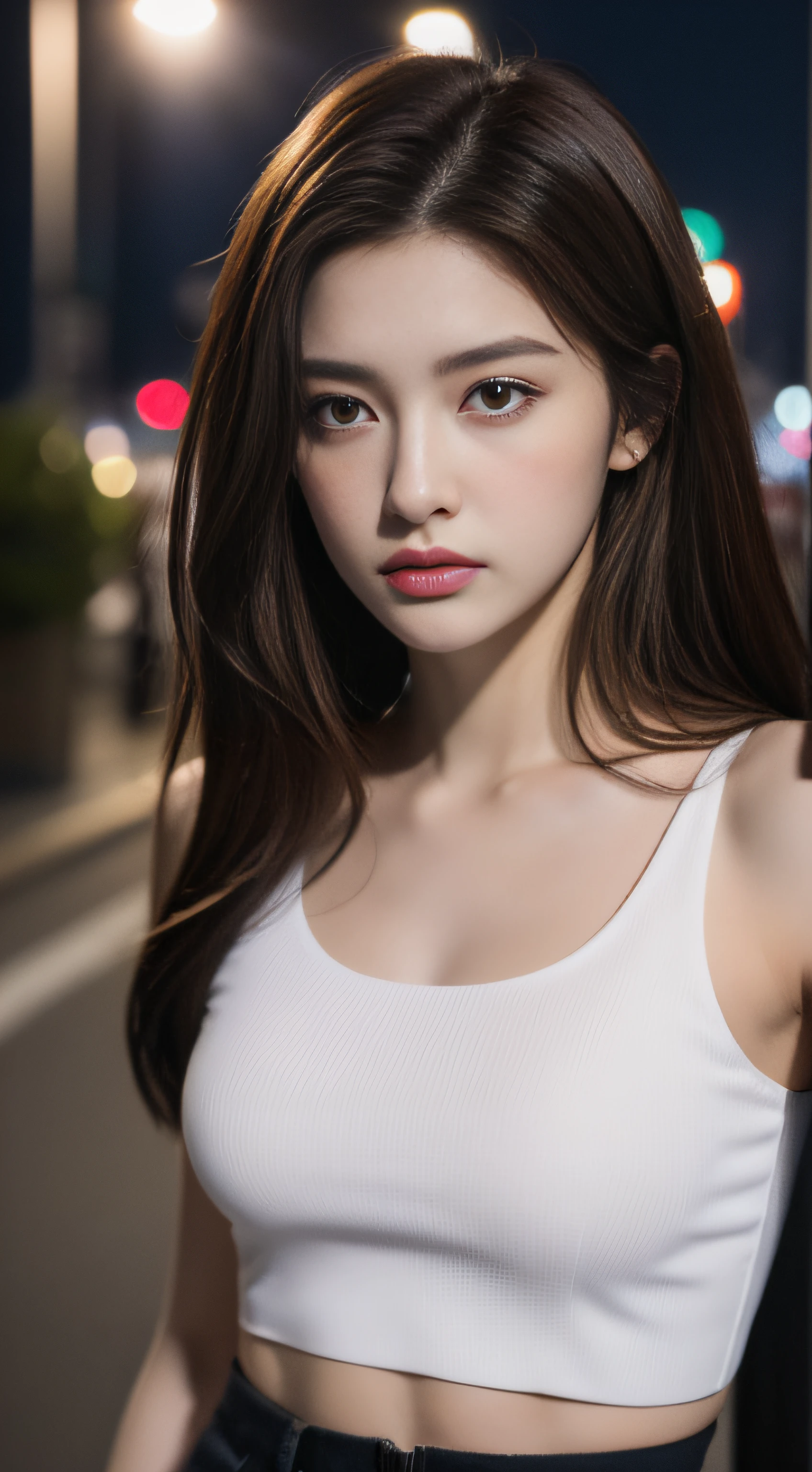 ((Realistic lighting, Best quality, 8K, Masterpiece: 1.3)), Clear focus: 1.2, 1girl, Perfect Figure: 1.4, Slim Abs: 1.1, ((Dark brown hair)), (White crop top: 1.4), (Outdoor, Night: 1.1), City streets, Super fine face, Fine eyes, Double eyelids,