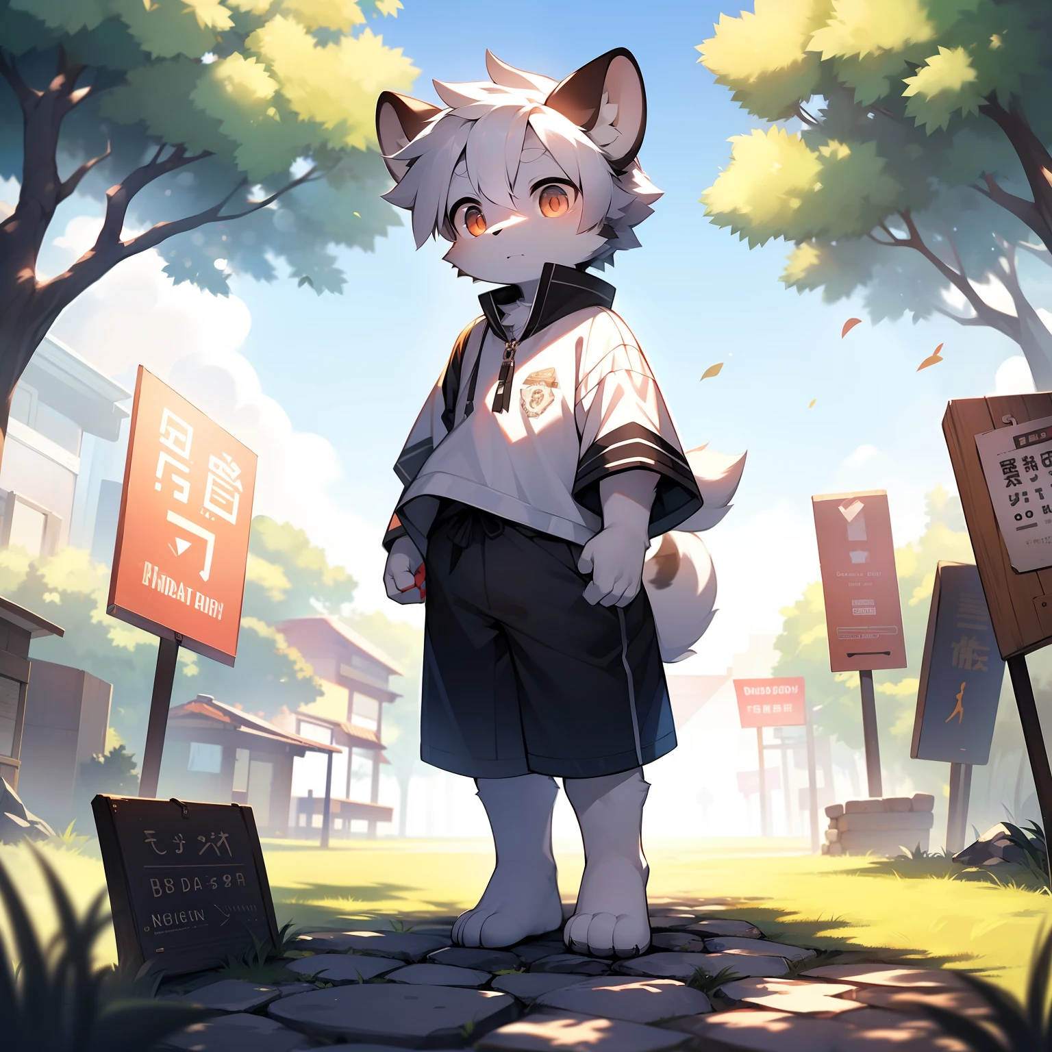 Libido boy,furry wolf,((Shota)), Black and white hair, Very good figure, Handsome,adolable, Light:Extreme light and shadow, Reflective skin,Reddish skin,((worn-out clothing,Commoner)) ,((grassy fields,Stone path,Signs,baiyun,独奏,solo person)),Outdoor sunset,((the detail)),(depth of fields),standing on your feet