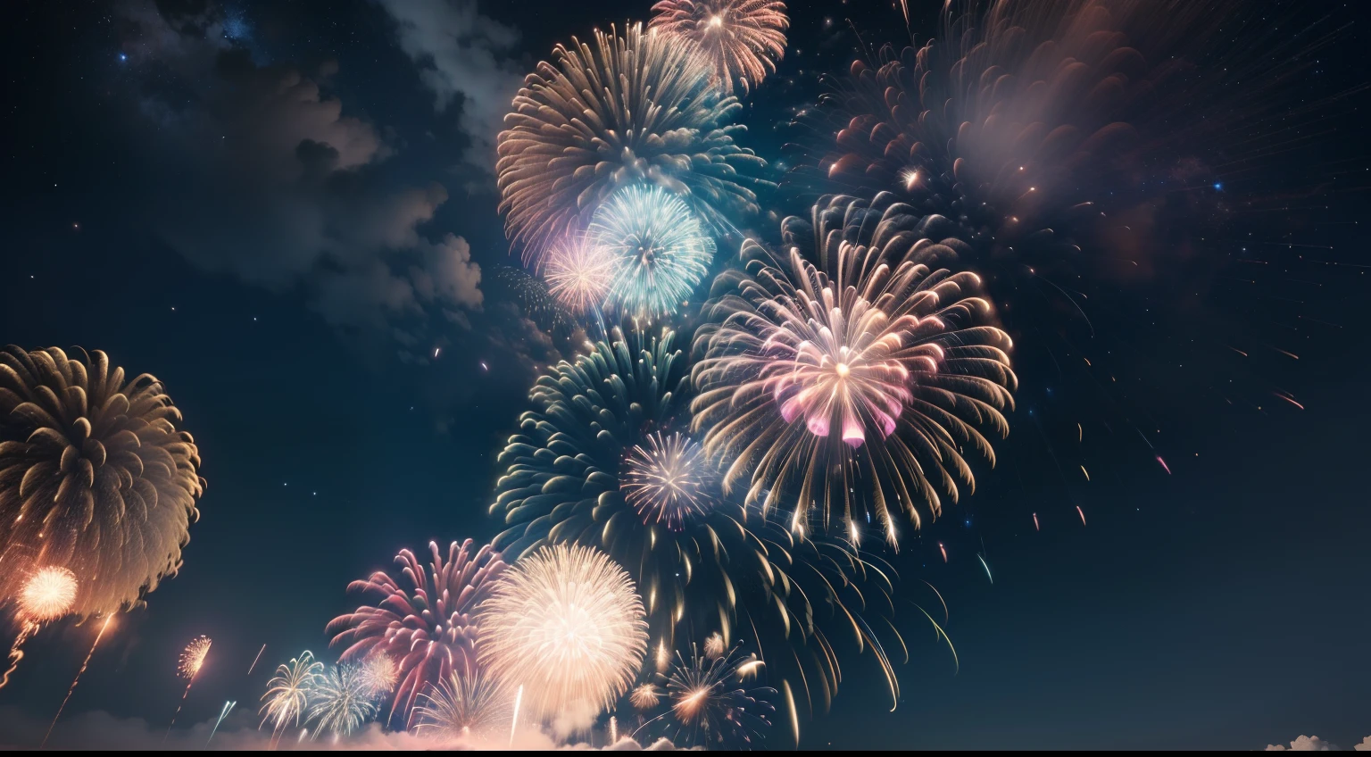 Put on fireworks、nigh sky、many、８K、top-quality、realisitic、from below looking up