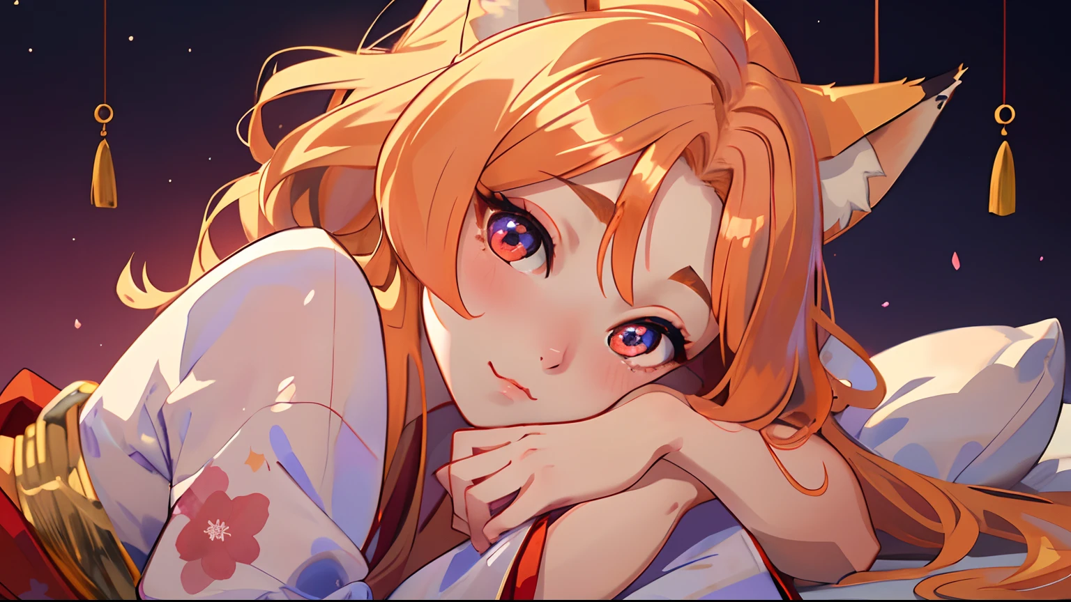 High quality, masutepiece, 1girl in, Fox Woman、a very beautiful woman、A detailed face、high-level image quality、细致背景、She wears a very beautiful red kimono、Sleepy face、very long beautiful golden hair、Her eyes are a beautiful blue color.、The inside of the eye shines like a diamond、waking up、Fox ears are white、Cute little girl room background、Bust D、Sleepily rubbing eyes、（Very long and beautiful shiny golden hair）(fox ears are white)