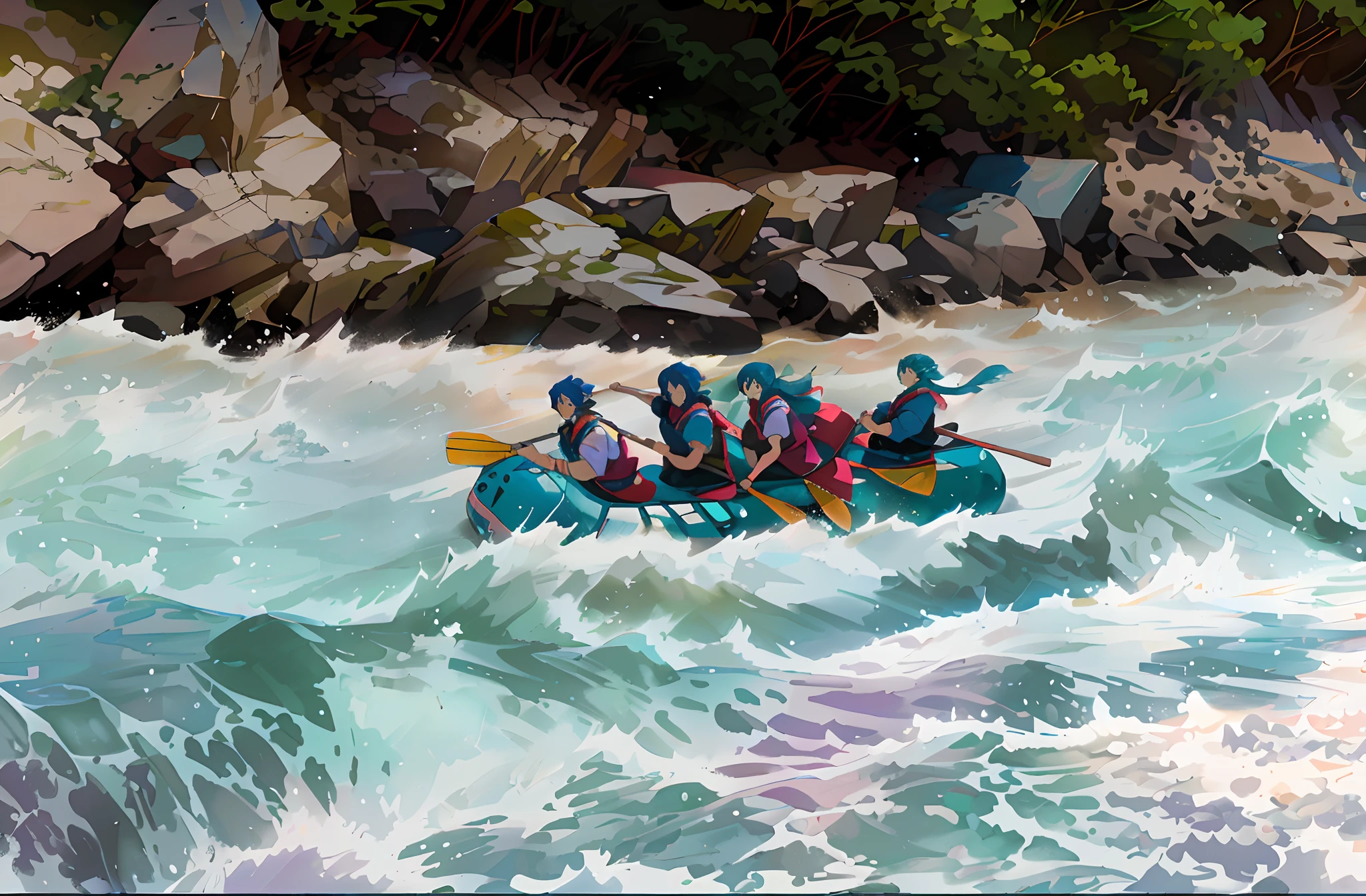 Anime-style digital illustration by Studio Ghibli, Excellent quality illustration, , colores vibrantes, personas en una balsa haciendo rafting en un rio salvaje, Intense river, emocionante, contraste, brillos del agua azul, colores vivos, cinematography lighting, Estudio Ghibli, epic