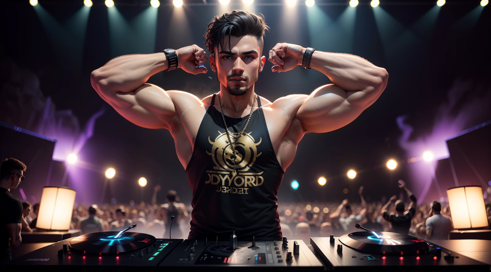 on a musical stage, masculine, a turntable with dj mixer,