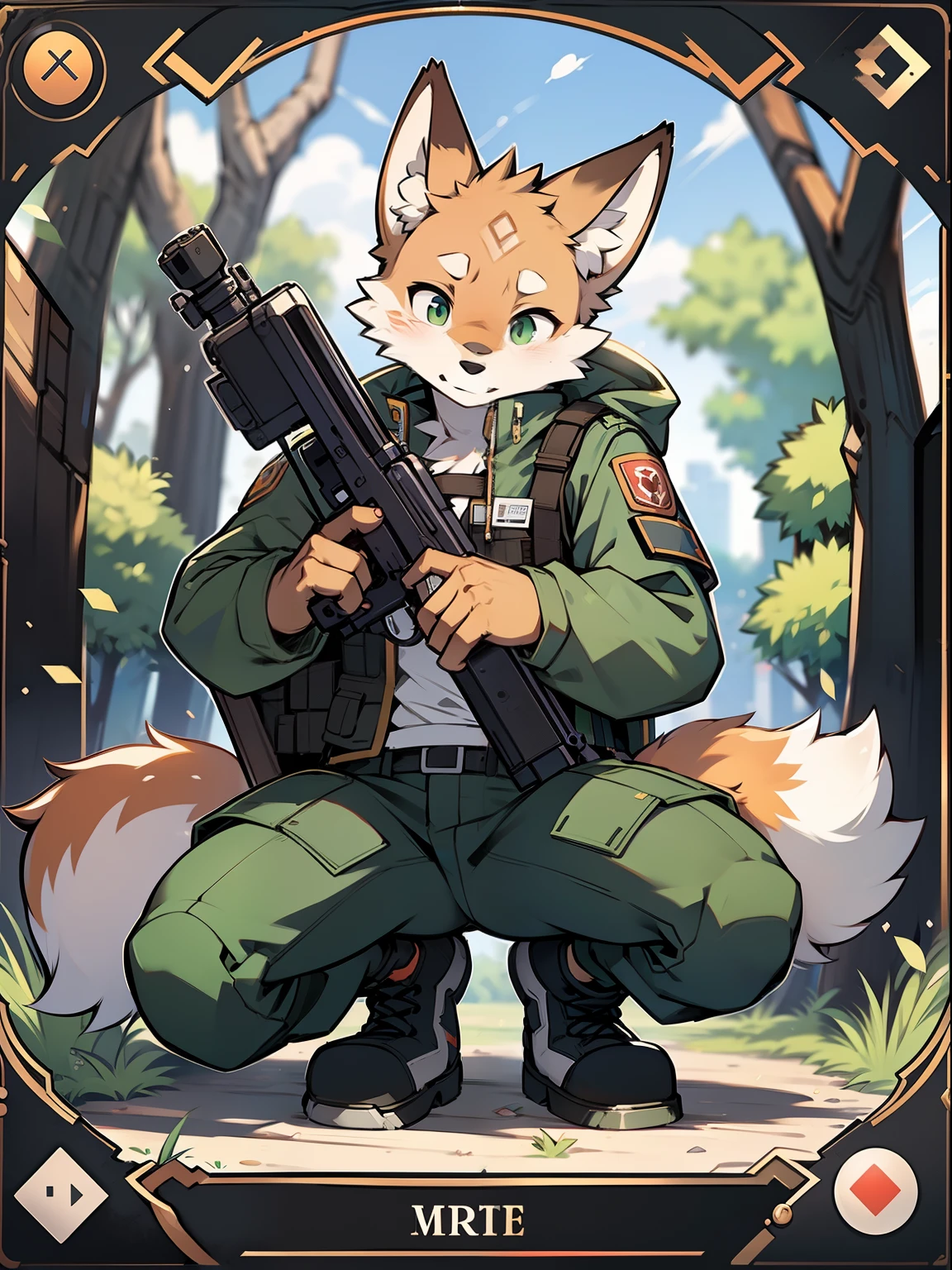 Frame of trading card, UI markings in the upper-right and lower-left corners of the gameplay style card.dark green tone. A 14-year-old little fox and uniformed scout crouches behind a tree，Aim the sniper rifle at distant targets. He wore a camouflage jacket and pants,With bulletproof vest. Meticulous post-war military scenes, soft-focus technique