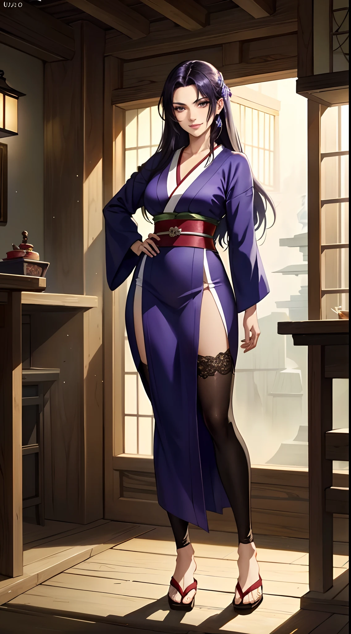 a beautiful woman with sleek dark purple long hair, a delicate and enchanting face, her eyes are sharp and piercing, a cunning smile, she has a slender figure, a fantasy-style form-fitting ninja outfit, the character design reflects a fantasy-style ninja by Japanese anime design, the artwork features finely detailed character design, showcasing a mature Japanese manga artistic style, ((character concept art)), full body character drawing, high definition, best quality, ultra-detailed, extremely delicate, anatomically correct, symmetrical face, extremely detailed eyes and face, high quality eyes, creativity, RAW photo, UHD, 8k, (Natural light, professional lighting:1.2, cinematic lighting:1.5, best shadow), (masterpiece:1.5)