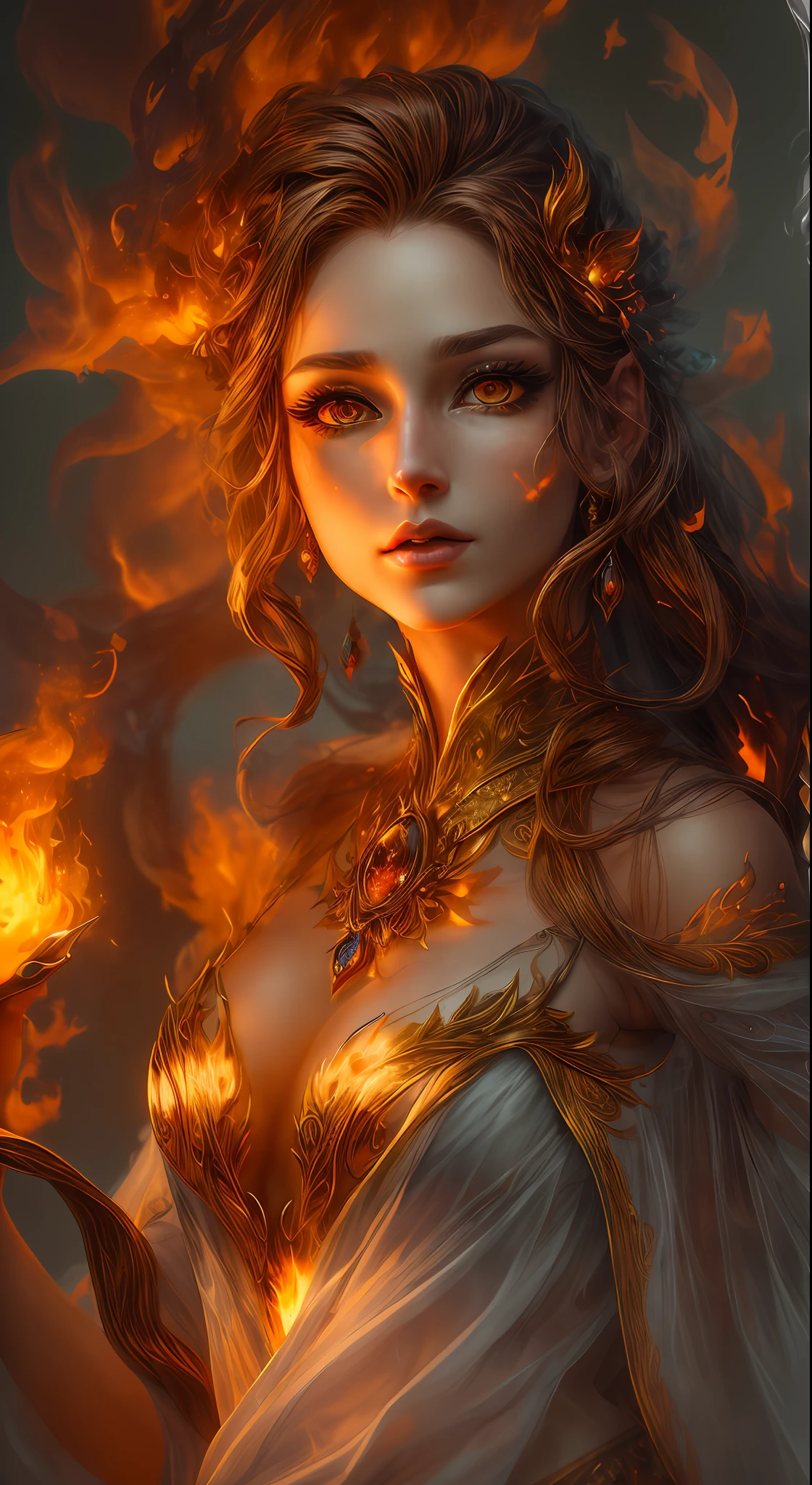 This is a realistic fantasy artwork prominently featuring realistic fire, including wisps of flames, glowing hot embers, subtle curls of smoke, and a beautiful fire druid. The druid stands in the midst of a raging inferno with an interesting composition. Her face is expertly sculpted, with elegant and refined features and perfect shading and realistic skin texture. Her (orange and gold eyes) are stunning and are the focal point of this image. (((Her eyes extremely detailed, beautiful detailed eyes, and macro))). Her eyes feature intricate detailing with clearly defined irises and bright sclera. Her soft lips are smooth and very puffy, and her skin is adorned with a light flush and ornate fire detailing. Her long gown is stunning and expensive, and is made of pure flames and glittering, ornate jewels that glimmer in the fire light. Her billowing gown glitters from the flames and features a delicately and intricately embroidered bodice with wisps of flames running across it. Include fantasy elements like bumps, stones, fiery iridescence, glowing embers, silk, and an interesting background. Include fiery magical creatures such as fiery birds and fiery butterflies that give off a magical and mystical aura. Lighting: Utilize the latest trends in lighting to enhance the artwork's beauty. Camera: Utilize dynamic composition to create a sense of urgency and excitement. Take inspiration from the current masters of the fantasy genre, including trending artists on Artstation and Midjourney. ((masterpiece))