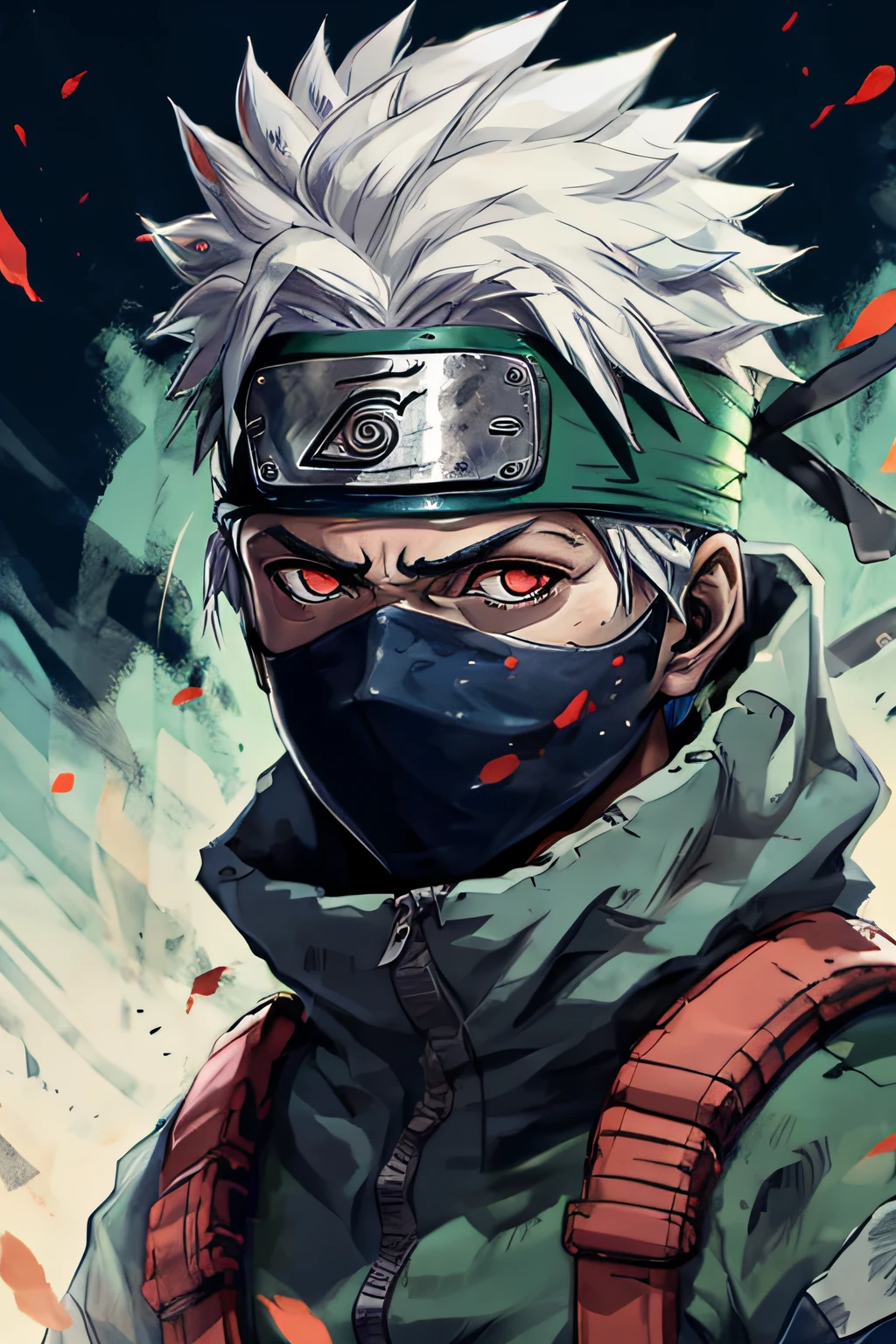 Kakashi, 1st grade, sozinho, Foco masculino, brilhar, olhos vermelhos, heterochromatic, looking up at the audience, olhos brilhantes, Cicatrizes, Ninjas, olhos brilhantes, cicatrizes no rosto, raio