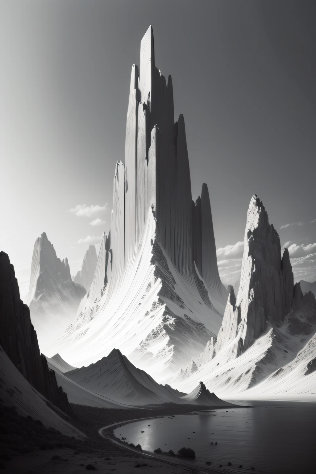 A detailed black and white pencil drawing of a curious landscape