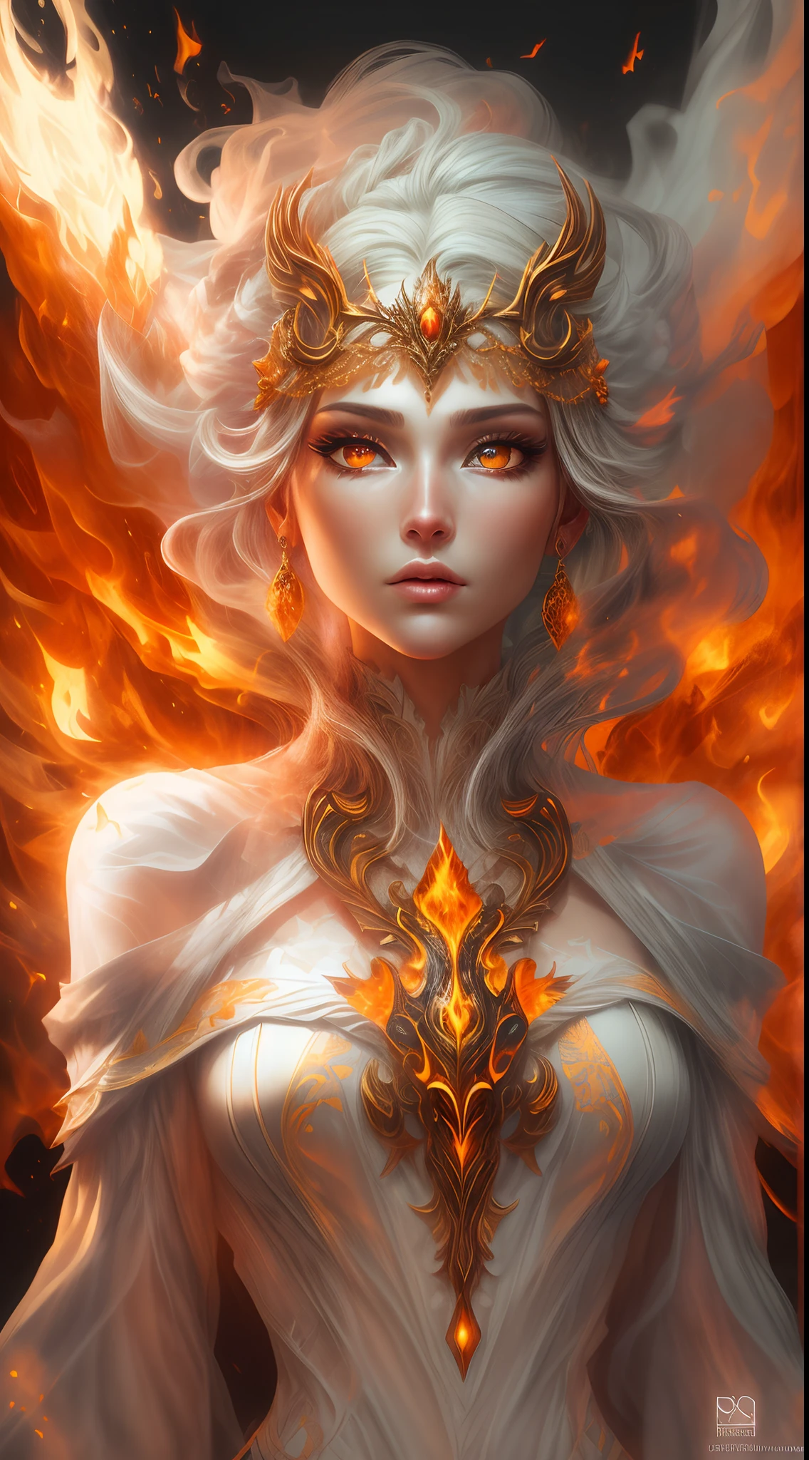 This is a realistic fantasy artwork prominently featuring realistic fire, including wisps of flames, glowing hot embers, subtle curls of smoke, and a beautiful fire druid. The druid stands in the midst of a raging inferno with an interesting composition. Her face is expertly sculpted, with elegant and refined features and perfect shading and realistic skin texture. Her (orange and gold eyes) are stunning and are the focal point of this image. (Her eyes extremely detailed, beautiful detailed eyes, and macro). Her eyes feature intricate detailing with clearly defined irises and bright sclera. Her soft lips are smooth and very puffy, and her skin is adorned with a light flush and ornate fire detailing. Her long gown is stunning and expensive, and is made of pure flames and glittering, ornate jewels that glimmer in the fire light. Her billowing gown glitters from the flames and features a delicately and intricately embroidered bodice with wisps of flames running across it. Include fantasy elements like bumps, stones, fiery iridescence, glowing embers, silk, and an interesting background. Include fiery magical creatures such as fiery birds and fiery butterflies that give off a magical and mystical aura. Lighting: Utilize the latest trends in lighting to enhance the artwork's beauty. Camera: Utilize dynamic composition to create a sense of urgency and excitement. Take inspiration from the current masters of the fantasy genre, including trending artists on Artstation and Midjourney. ((masterpiece))