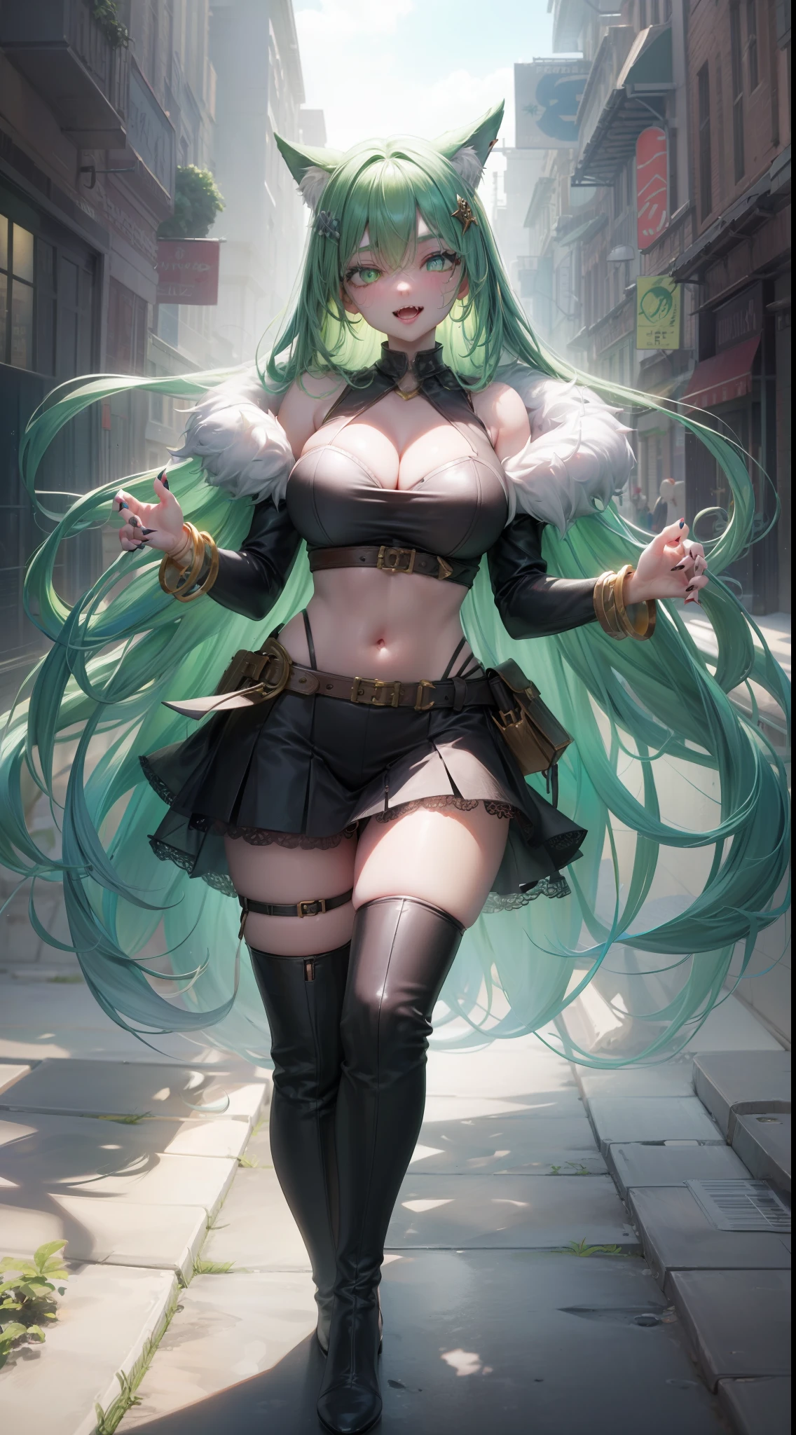 werewolf girl, ((fluffy skin)), paws on foots, fluffy fur on body, ((fangs)), ((claws)), tight crop top, cleavage, decolette, huge metal bracelets, huge metal collar, high over-the-knee boots, light green extremely_detailed_(lacy, fur, silk, satin)_(clothing, skirt), (light green clothing), detailed face, detailed beautiful shiny eyes, slit pupils, metallic reflections, futuristic city square, (tatooed, marked)_fit_muscular_body, (((1girl))), portrait, (full body), natural breasts, medium length hair, masterpiece, best quality, beautiful and aesthetic:1.2, fractal art:1.4, 16K, HDR, RTX, Ray Tracing, Radiosity, Anisotropic Filtering, Subsurface Scattering, light green neon, futuristic, vibrant colors