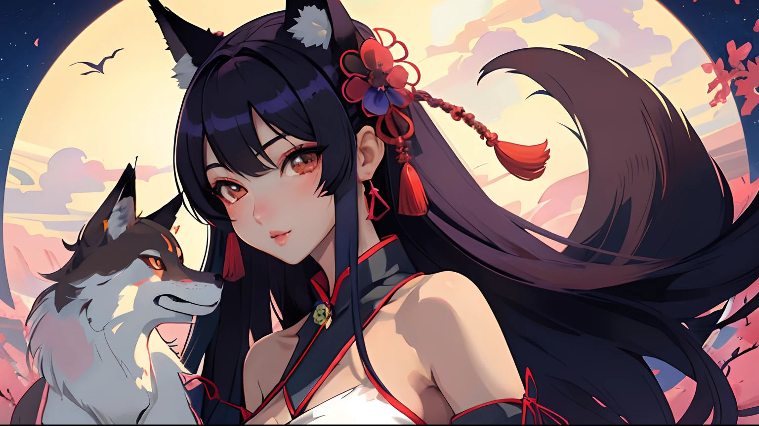 Anime girl with long black hair and a cat in her hand - SeaArt AI