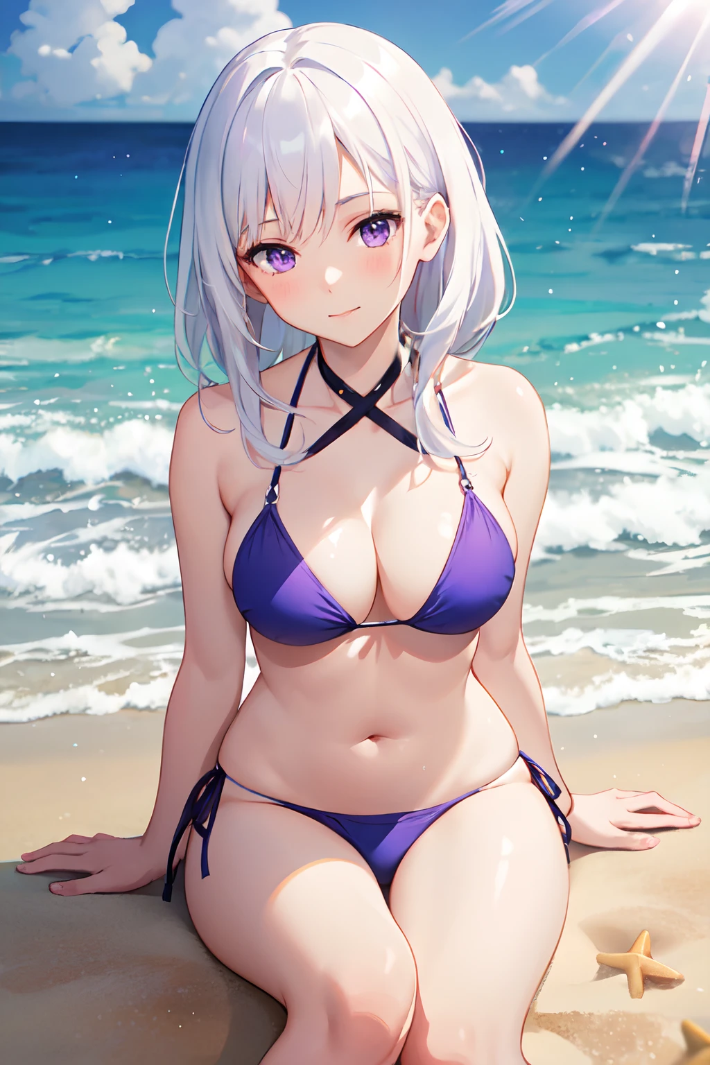 1girl with white hair and purple eyes wearing a bikini, sitting on the beach. Her hands are placed on the sand, and her knees are close together. The point of view is from the front, emphasizing her thick thighs. The scene is enhanced by light particles and rays.
