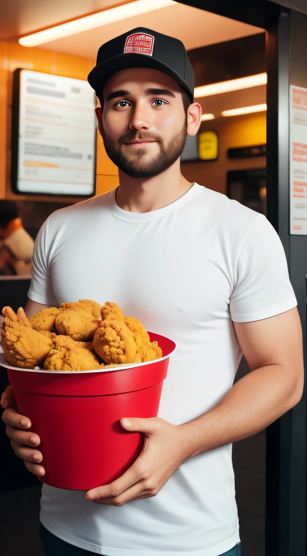 A 30-year-old man looking into the camera holding a bucket of fried chicken at a fast food restaurant