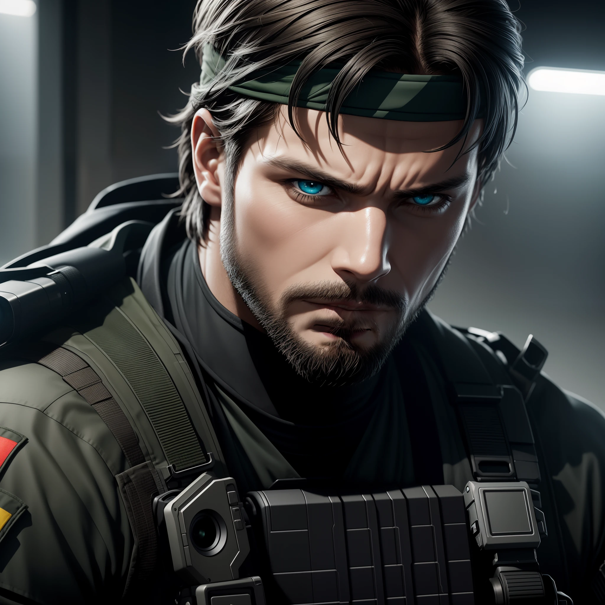 Solid metal snake character, young 25 years old, Caucasian, black hair, blue eyes, tactical combat gear, black tactical diver clothing, bandana, Realistic, Detailed, Cool color palette, Green Dark, Pop Culture, Daylighting, Filtered Sunlight, Realistic Details, Nikon D850 Camera, Nikkor 70-200mm f/2.8G ED VR II Lens, Close-up Effect