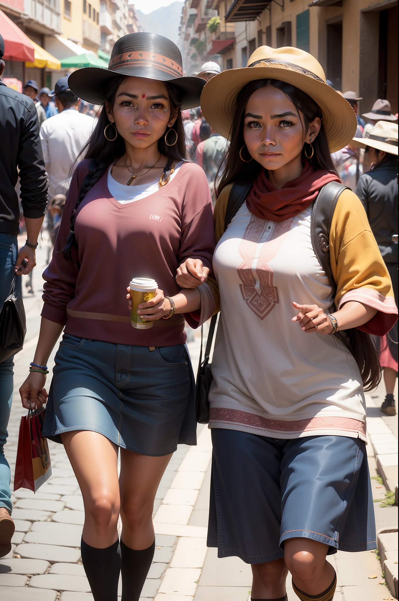 Peru street life, beautiful Inca streets, people walking, shopping, trading, ((Best quality)), ((masterpiece)), (detailed: 1.4) perfect faces, best quality faces