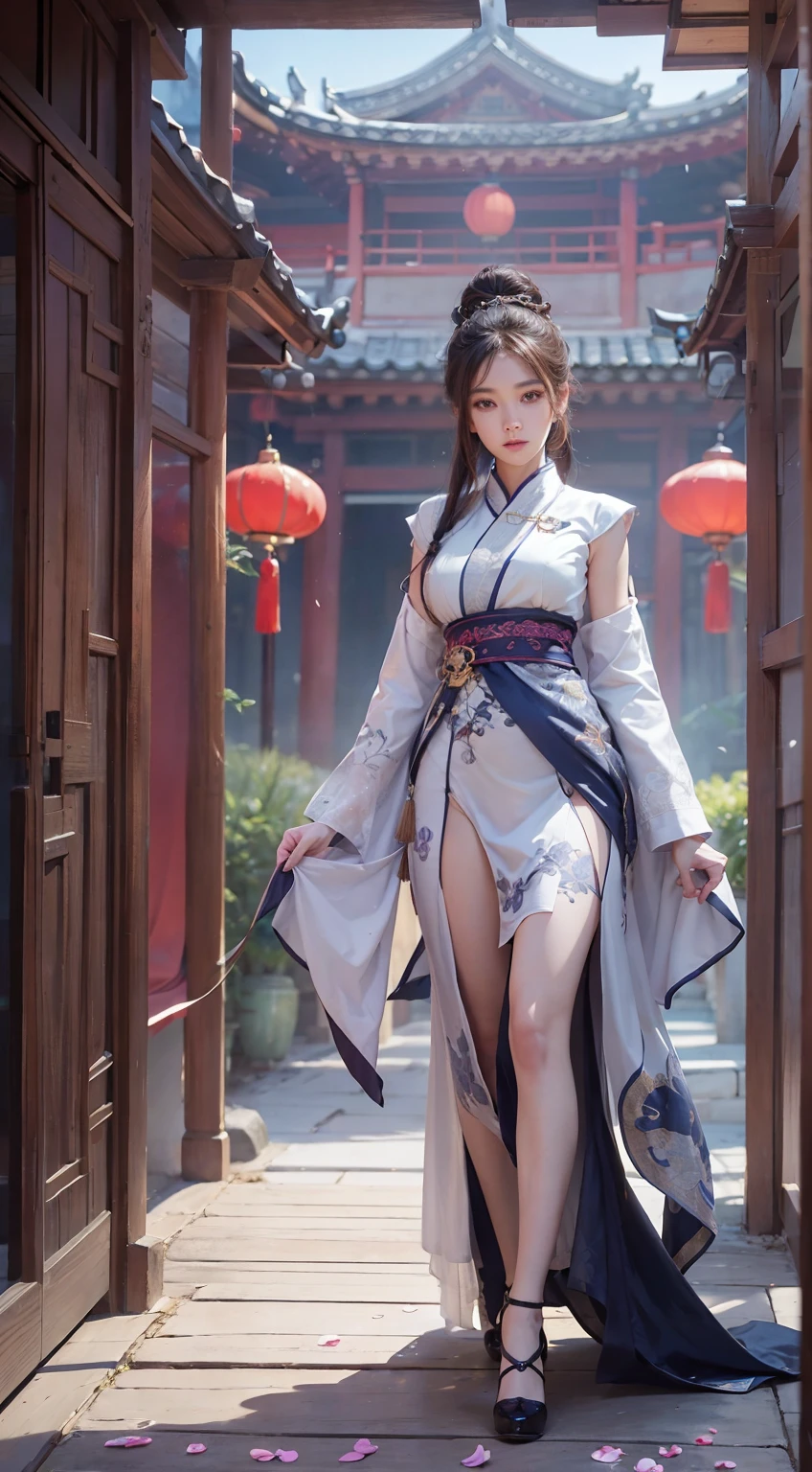 Ancient Chinese architecture,National style beautiful girl,Wear revealing Hanfu,Simple clothing, Minimalist style,Mixed Chinese and American races,The background is blurred out,focal,电影灯光,(((tmasterpiece))), ((best qualtiy)), ((Complex and detailed)), ((ultra-realistic realism)), Ridiculous resolution, A MILF, Mature woman, ssee-through, highly detailed, illustratio, 1girll, (mediuml breasts), Thin waist and thick hips,long leges,beatiful detailed eyes, short detailed hair, brunette color hair, a purple eye, blackstockings,lacy clothing,Skirt that wraps hips,tightsuit,with faintly visible,Cool clothing,The body proportions are perfect,(No underwear:1.2),detailed back ground, perfect eyes, Seductive eye, (nice hand),Detail hands,looking at viewert,From the front,Wear light,juicy legs,deep v big breasts,