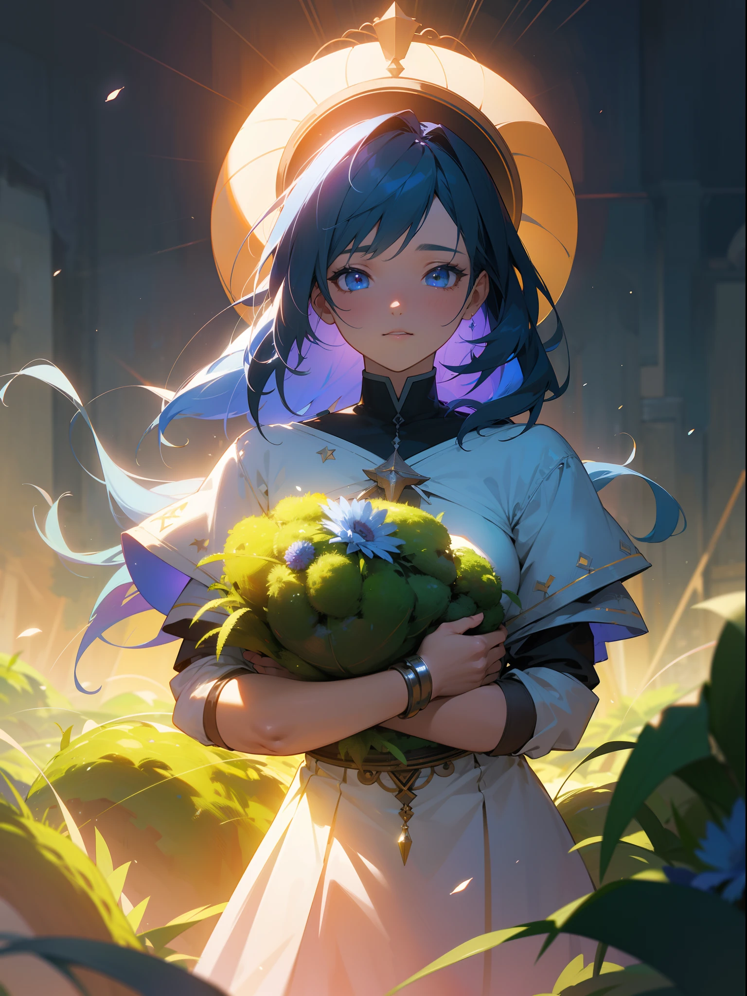 ​masterpiece,top-quality, Best Quality, the Extremely Detailed CG Unity 8K Wallpapers, Cinematic lighting, Lens Flare, Eyes in Beautiful Details, side glance, colorful light, Particle, portrait closeup,Cornflower Art、dream-like,hight resolution、volume illumination、contour deepening,Back lighting、Very detailed 8k wallpaper,Round radish hut covered with moss, Octane Rendering, Ray tracing, Very detailed ,No people --v6