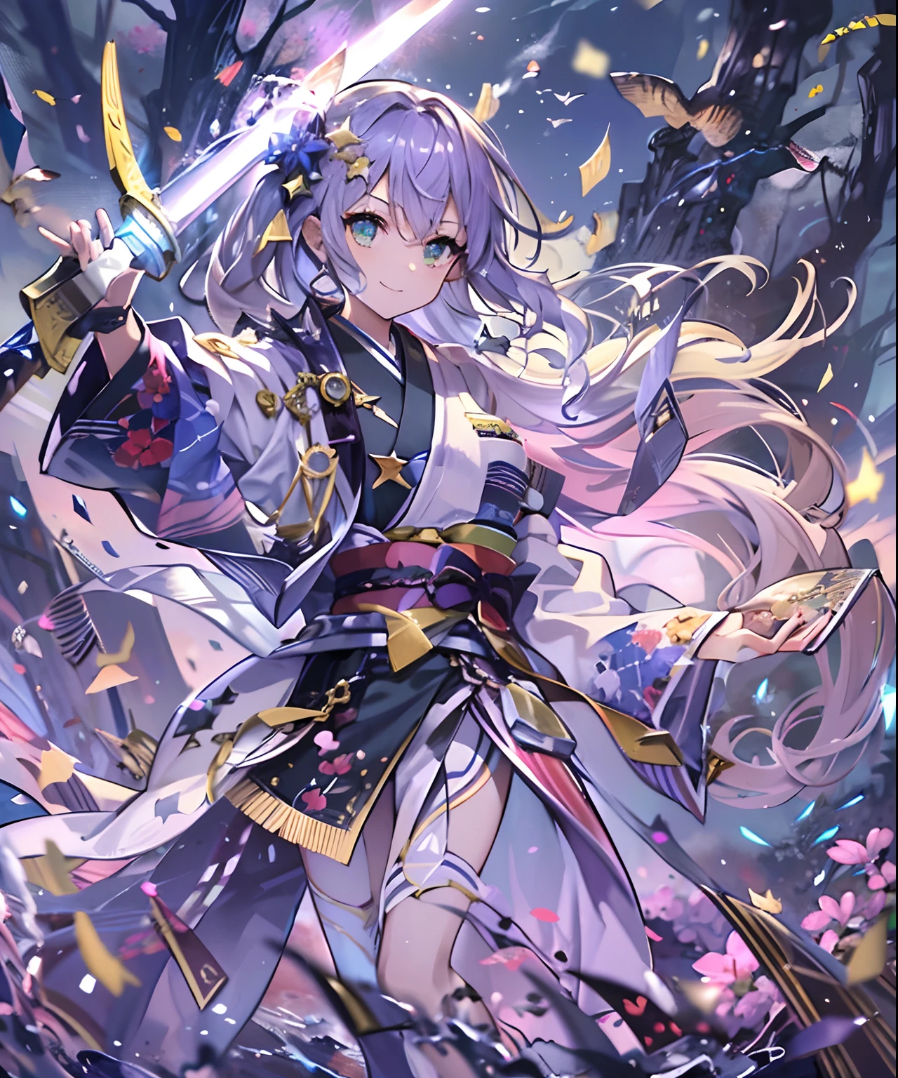 (((​masterpiece)))、(((top-quality)))、((ultra-detailliert))、1girl in、A smile、The long-haired、Light purple hair、strong breeze、In nature、Holding a sword in his hand、Kimono、Longsword、battle field、Star chips、overlord、Strong