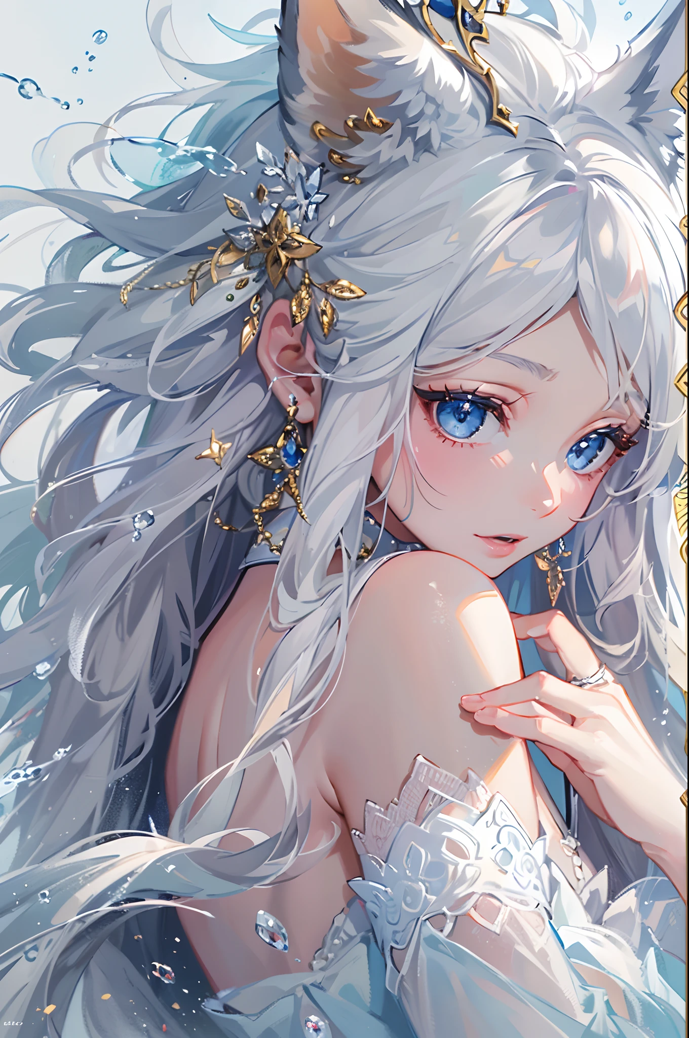 Seven part photos,Masterpiece, Best quality,offcial art, extremely detailed CG  8k wallpaper,(flying petal)(detailed ice) ,  crystalstexture skin, Cold expression, ((Fox ears)),White hair, long whitr hair, Messy hair, eBlue eyes,middlebreast,view the viewer,Extremely Delicately Beautiful, water,  ((beautydetailed eye)), highly  detailed, cinmatic lighting,((Beautiful face),fine water surface, (originalfigure painting), Ultra-detailed, incredibily detailed,  (Extremely Delicately Beautiful),Beautiful detailed eyes,(Best quality)