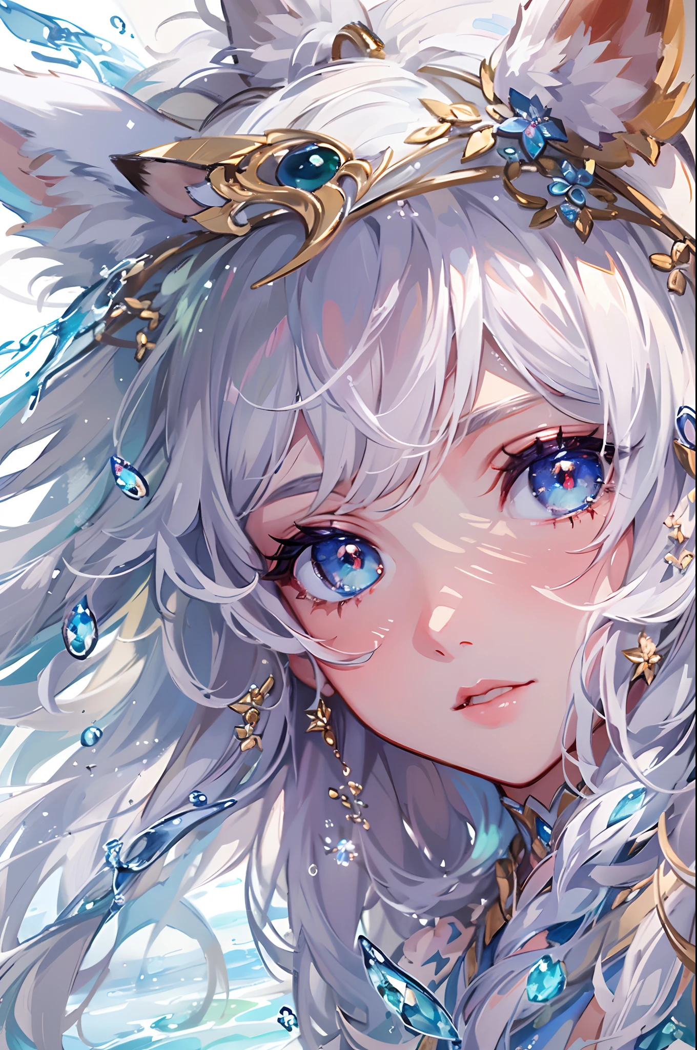 Seven part photos,Masterpiece, Best quality,offcial art, extremely detailed CG 8k wallpaper,(flying petal)(detailed ice) , crystalstexture skin, Cold expression, ((Fox ears)),White hair, long whitr hair, Messy hair, eBlue eyes,middlebreast,view the viewer,Extremely Delicately Beautiful, water, ((beautydetailed eye)), highly detailed, cinmatic lighting,((Beautiful face),fine water surface, (originalfigure painting), Ultra-detailed, incredibily detailed, (Extremely Delicately Beautiful),Beautiful detailed eyes,(Best quality)