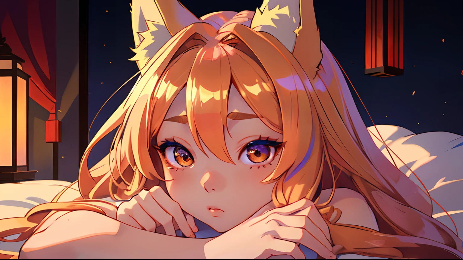 High quality, masutepiece, 1girl in, Fox Woman、a very beautiful woman、A detailed face、high-level image quality、细致背景、She wears a very beautiful red kimono、Sleepy face、very long beautiful golden hair、Her eyes are a beautiful blue color.、The inside of the eye shines like a diamond、waking up、Fox ears are white、Cute little girl room background、Bust D、rub your eyes sleepily、(very long and beautiful shiny golden hair,)(Fox ears are white)(Eyes are blue)