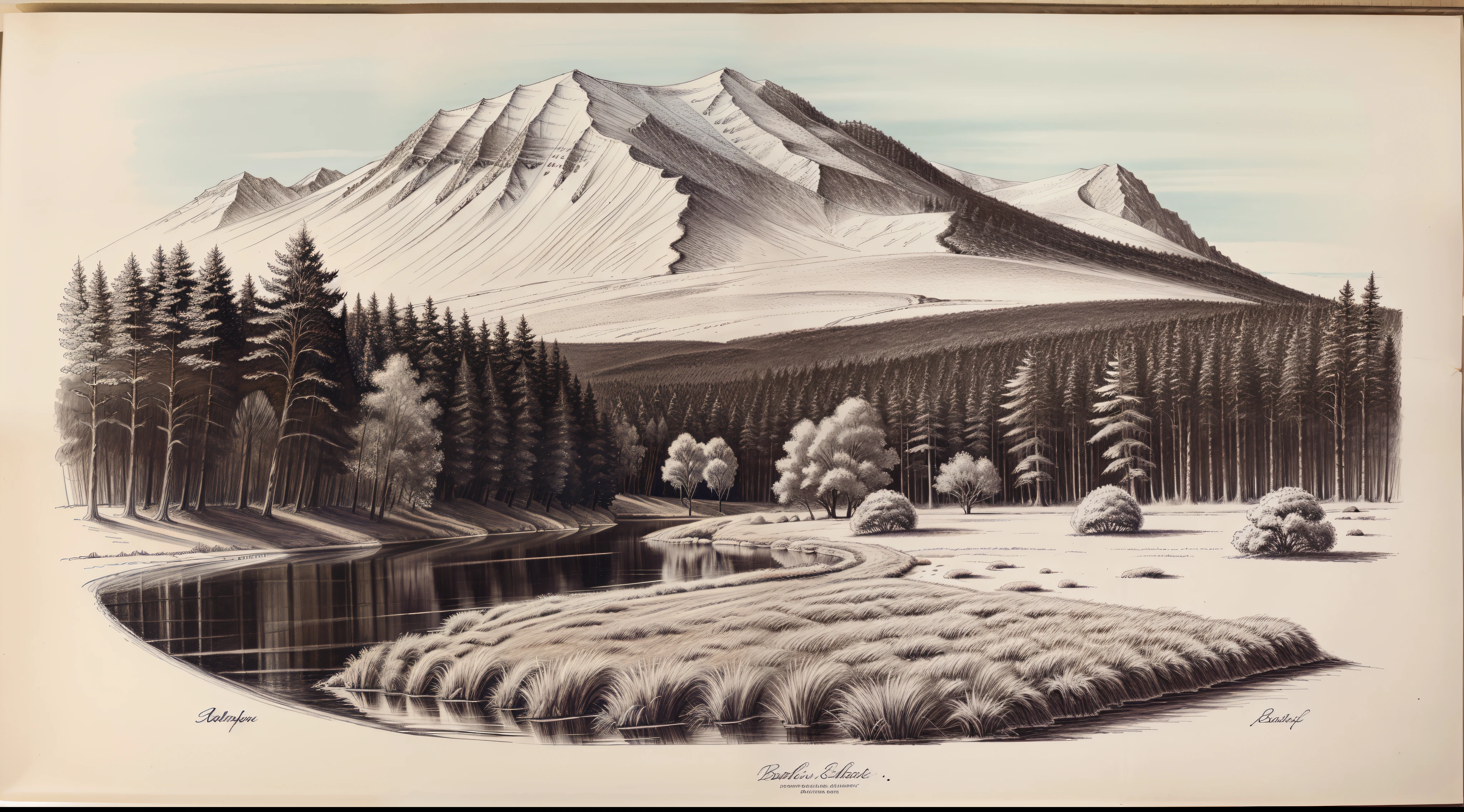 A landscape drawing with a ballpoint pen,tussock,the trees