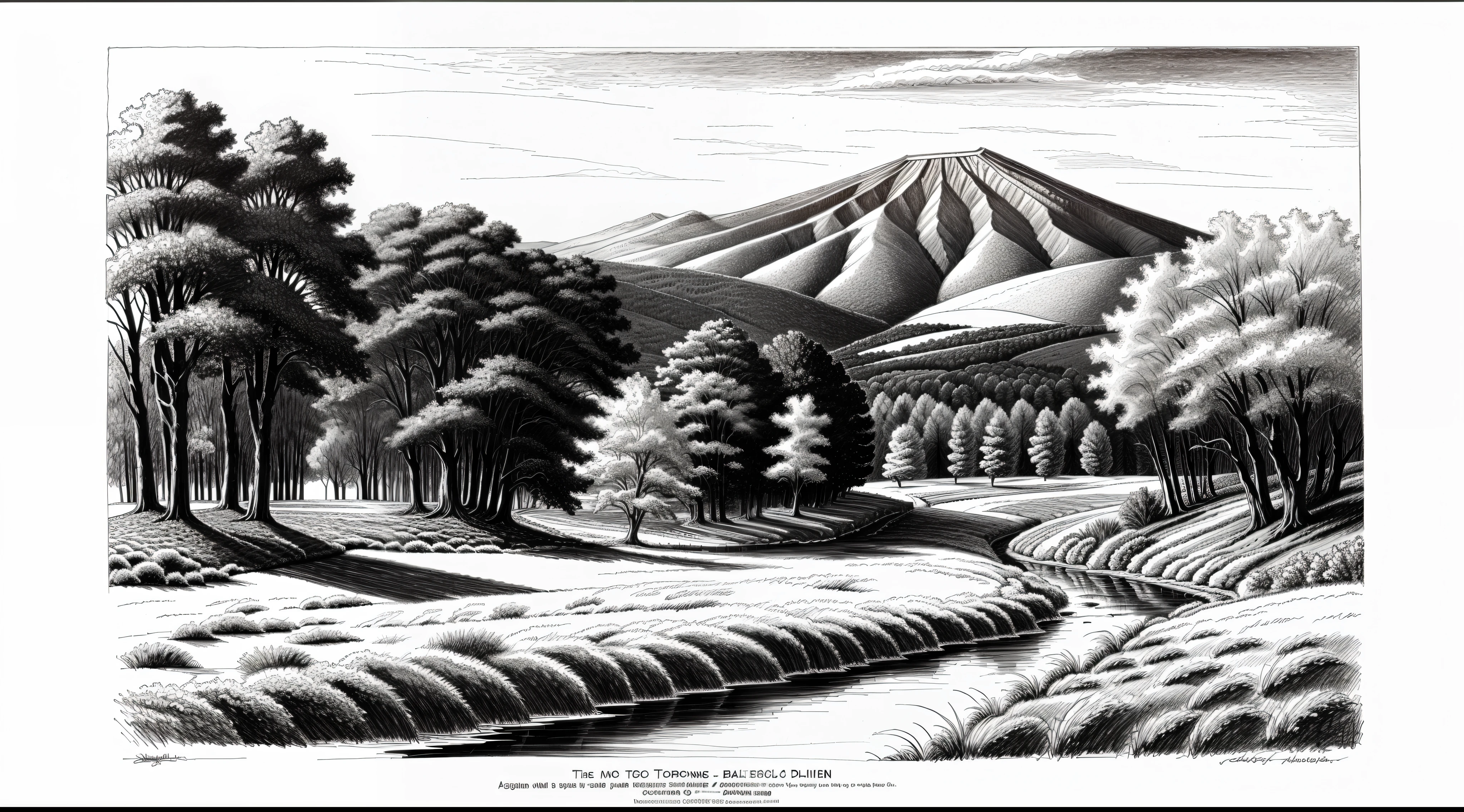 A landscape drawing with a ballpoint pen，tussock，the trees