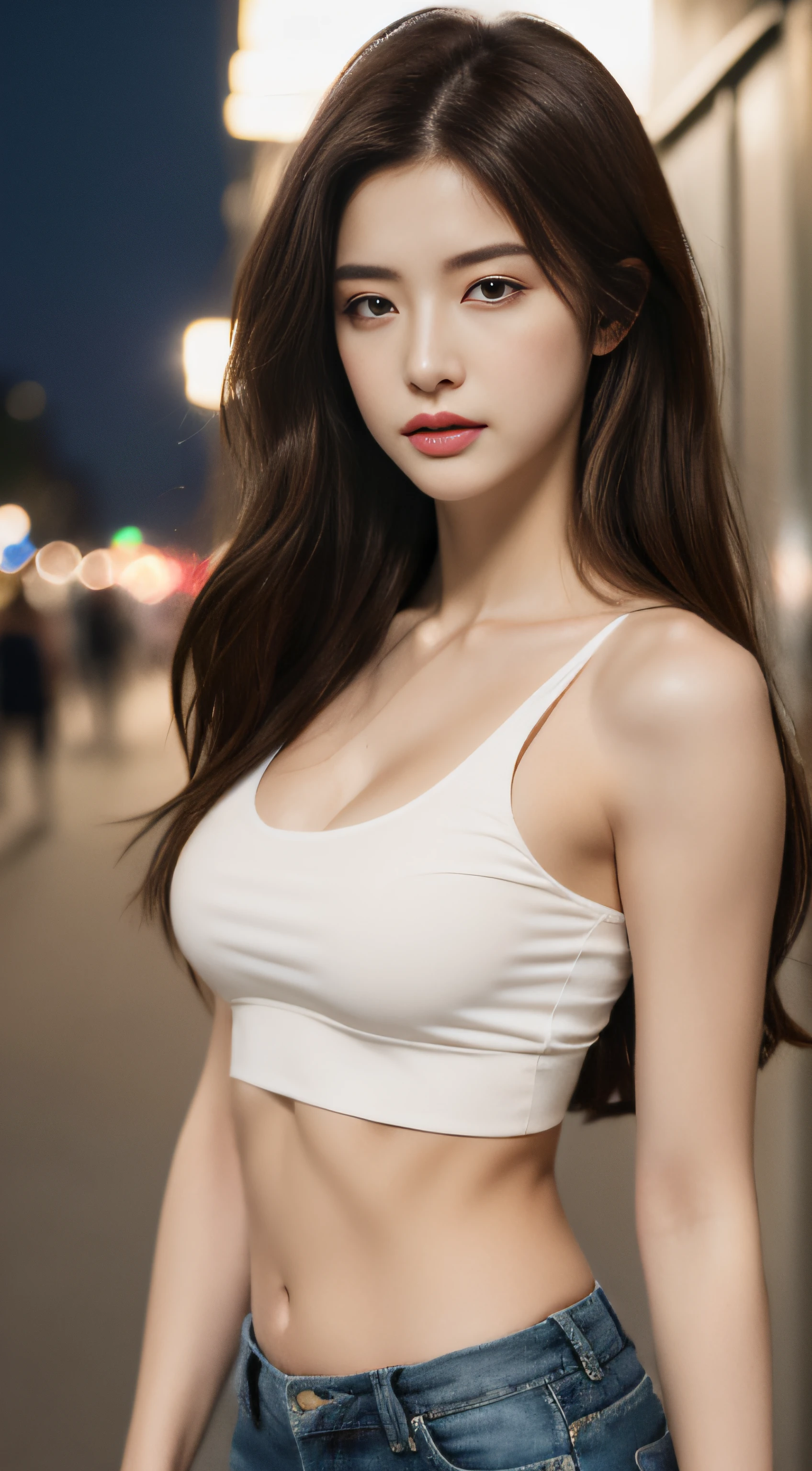 ((Realistic lighting, Best quality, 8K, Masterpiece: 1.3)), Clear focus: 1.2, 1girl, Perfect Figure: 1.4, Slim Abs: 1.1, ((Dark brown hair)), (White crop top: 1.4), (Outdoor, Night: 1.1), City streets, Super fine face, Fine eyes, Double eyelids,