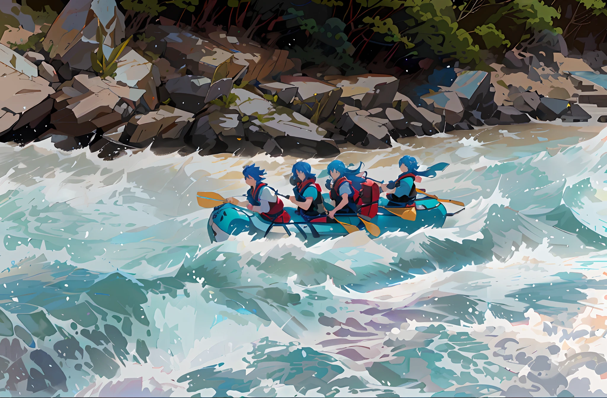 Anime-style digital illustration by Studio Ghibli, Excellent quality illustration, , colores vibrantes, personas en una balsa haciendo rafting en un rio salvaje, Intense river, emocionante, contraste, brillos del agua azul, colores vivos, cinematography lighting, Estudio Ghibli, epopeya
