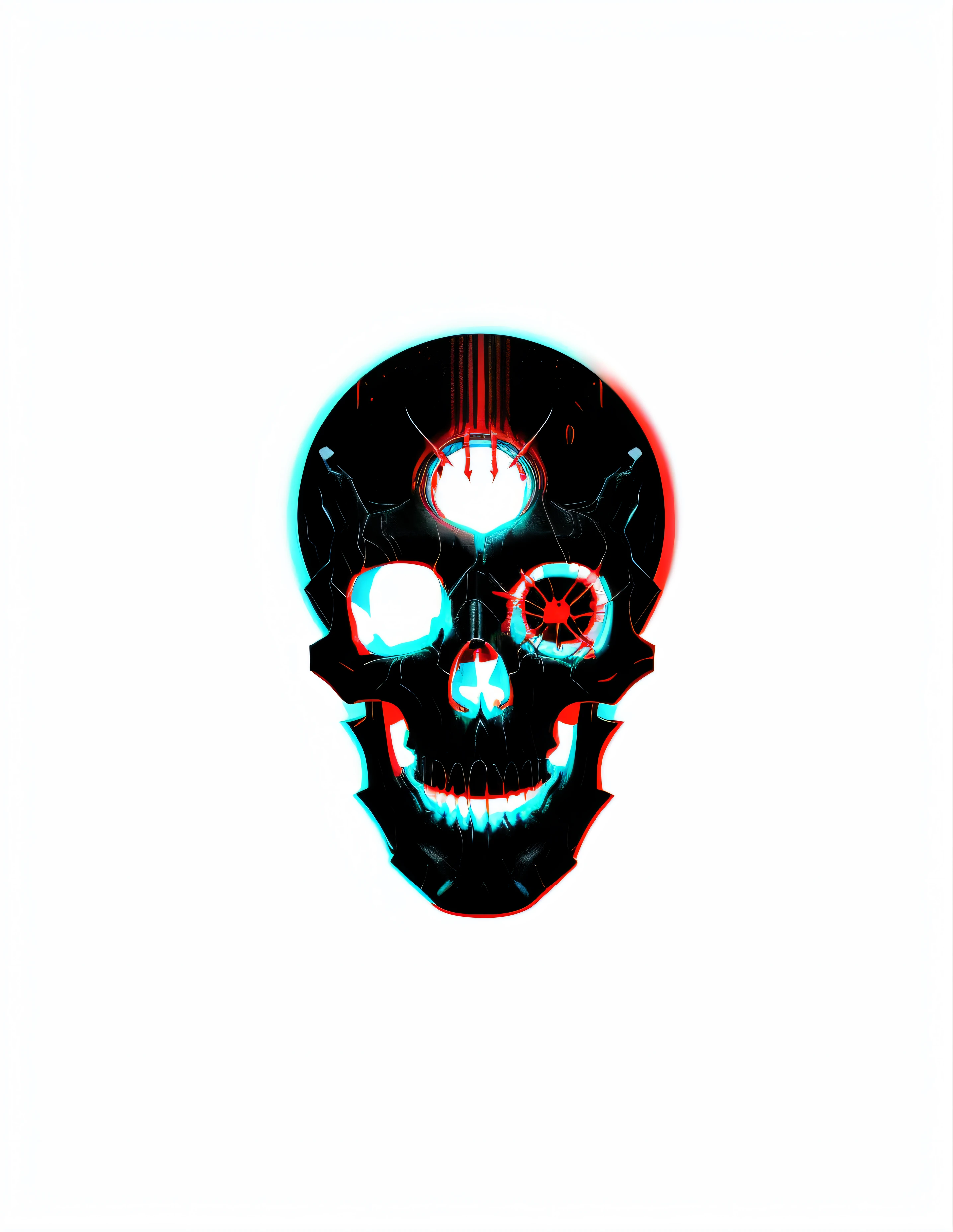 there is a black background with a red and blue skull, skull on the screen, of spiked gears of war skulls, skull liminal void background, minimal black skull warpaint, red and cyan, skullish, ((skull)), horrific digital art, skull like, skull head, cyberpunk horror style, digital horror artwork, death skull, dark art style, ghost neon
