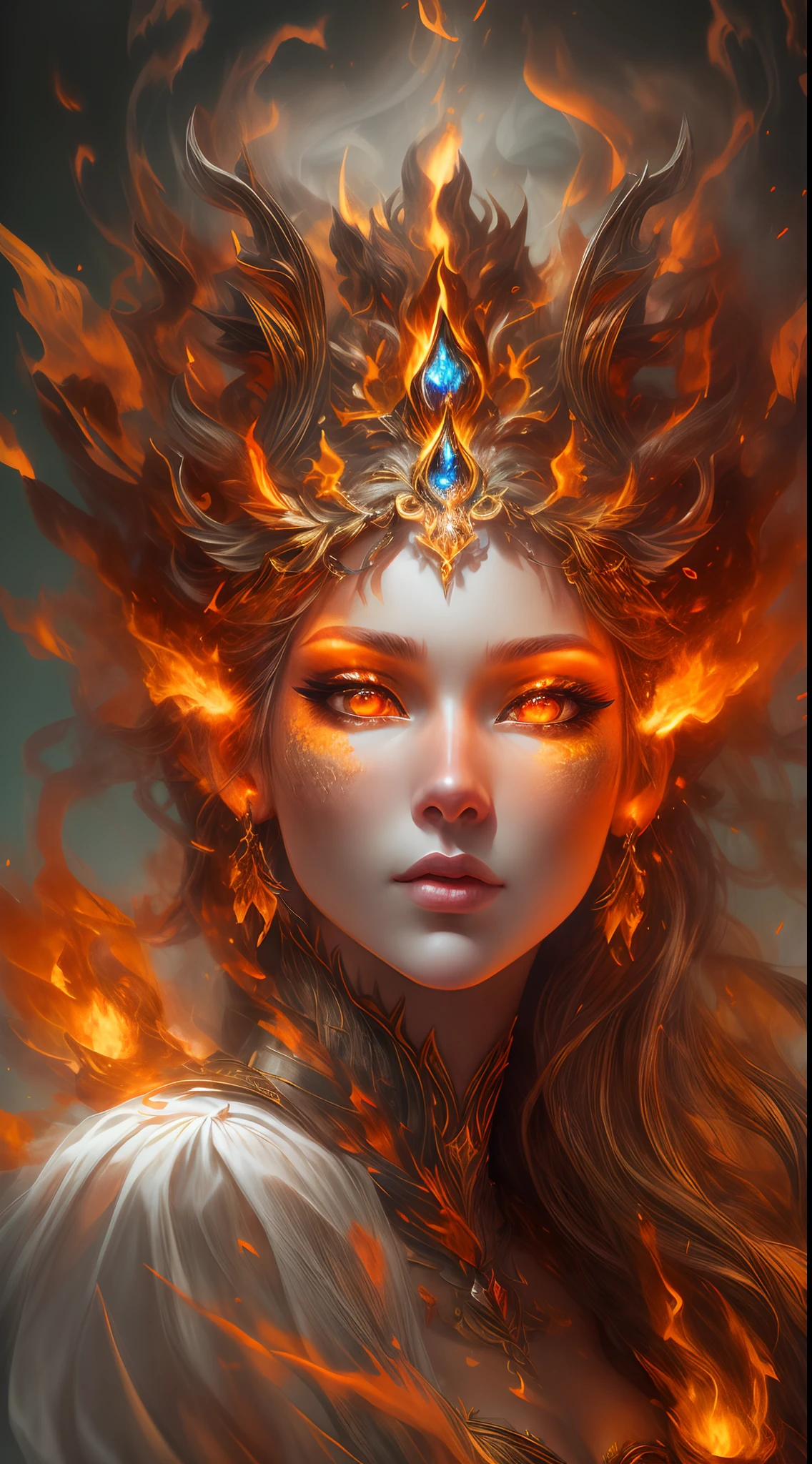 This is a realistic fantasy artwork prominently featuring realistic fire, including wisps of flames, glowing hot embers, subtle curls of smoke, and a beautiful fire druid. The druid stands in the midst of a raging inferno with an interesting composition. Her face is expertly sculpted, with elegant and refined features and perfect shading and realistic skin texture. Her (orange and gold eyes) are stunning and are the focal point of this image. (Her eyes extremely detailed, beautiful detailed eyes, and macro). Her eyes feature intricate detailing with clearly defined irises and bright sclera. Her soft lips are smooth and very puffy, and her skin is adorned with a light flush and ornate fire detailing. Her long gown is stunning and expensive, and is made of pure flames and glittering, ornate jewels that glimmer in the fire light. Her billowing gown glitters from the flames and features a delicately and intricately embroidered bodice with wisps of flames running across it. Include fantasy elements like bumps, stones, fiery iridescence, glowing embers, silk, and an interesting background. Include fiery magical creatures such as fiery birds and fiery butterflies that give off a magical and mystical aura. Lighting: Utilize the latest trends in lighting to enhance the artwork's beauty. Camera: Utilize dynamic composition to create a sense of urgency and excitement. Take inspiration from the current masters of the fantasy genre, including trending artists on Artstation and Midjourney. ((masterpiece))