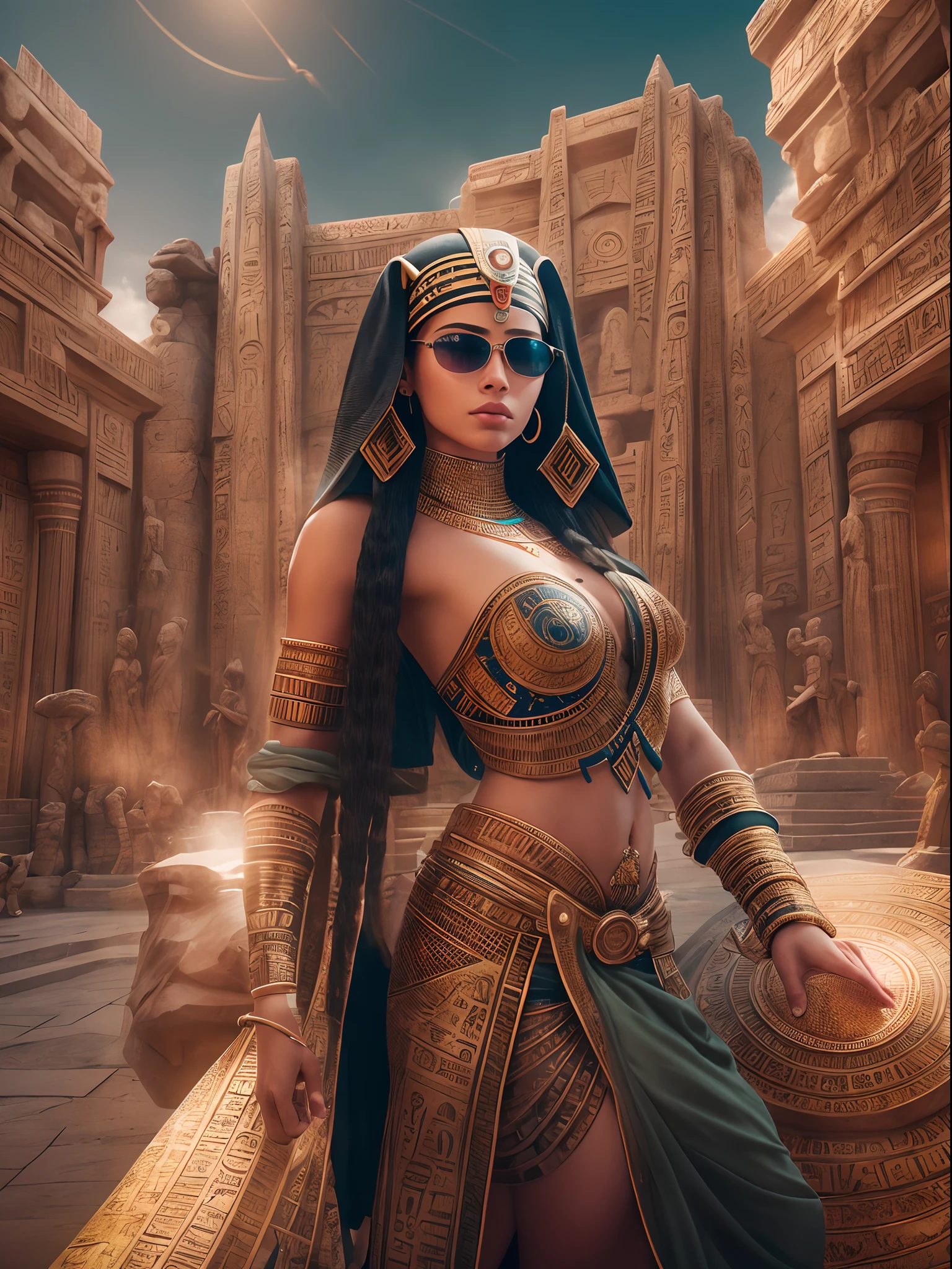 A very realistic and very detailed picture of a beautiful Egyptian Pharaonic woman wearing sunglasses in the city of the future pharaoh , full-body, The costume inscribed with the paintings of the pharaonic shield, long  hair, Hand and body tattoos, Fashion pose, Beautiful hazel eyes symmetrical detailed, detailed gorgeous face, Typical arthropod object, Perfect feet , Advanced Pharaonic Environment , Integrating the Pharaonic civilization with future technology , outstanding detail, 30 MP, 4k, كاميرا كانون EOS 5D Mark IV الرقمية SLR, 85mm lens, sharp focus, intricately detailed, Long exposure time, f/8, ISO 100, shutter speed 1/125, Diffused backlight, award winning photograph, facing camera, looking into the camera, Monovision, Perfect contrast, high sharpness, facial symmetry, Depth-of-field, ultra-detailed photography, Raitsar, global illumination, Tanvertamim, downy, Ultra-High Definition, 8k, unreal engine 5, Ultra-sharp focus, award-winning photograph, trending on Artstation