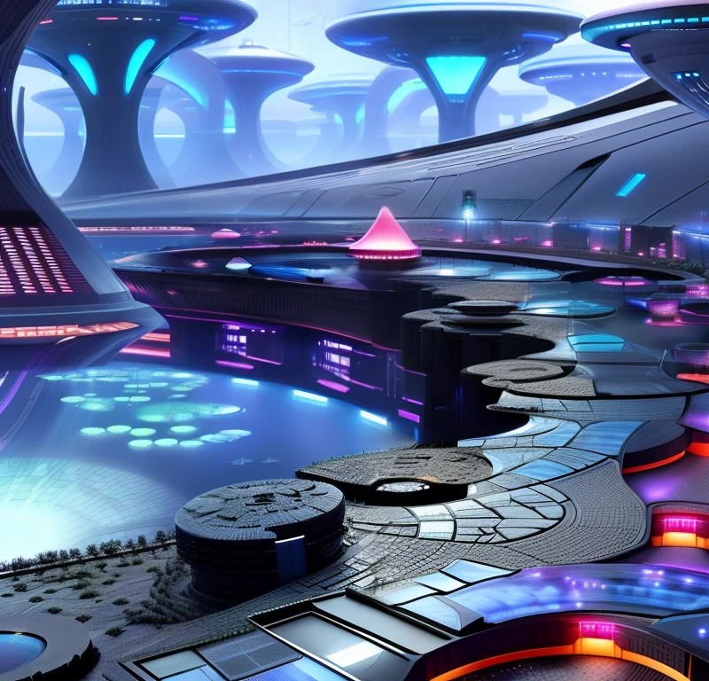 there is a picture of a futuristic city with a pond in the middle, sci fi alien world, surreal alien kingdom, beautiful alien landscape, gateway to futurisma, alien environment, sci-fi fantasy wallpaper, futuristic setting, amazing alien landscape, science fiction landscape, sci fi scenery, dmt space behind, an alien city, cyber mushroom city, alien landscape