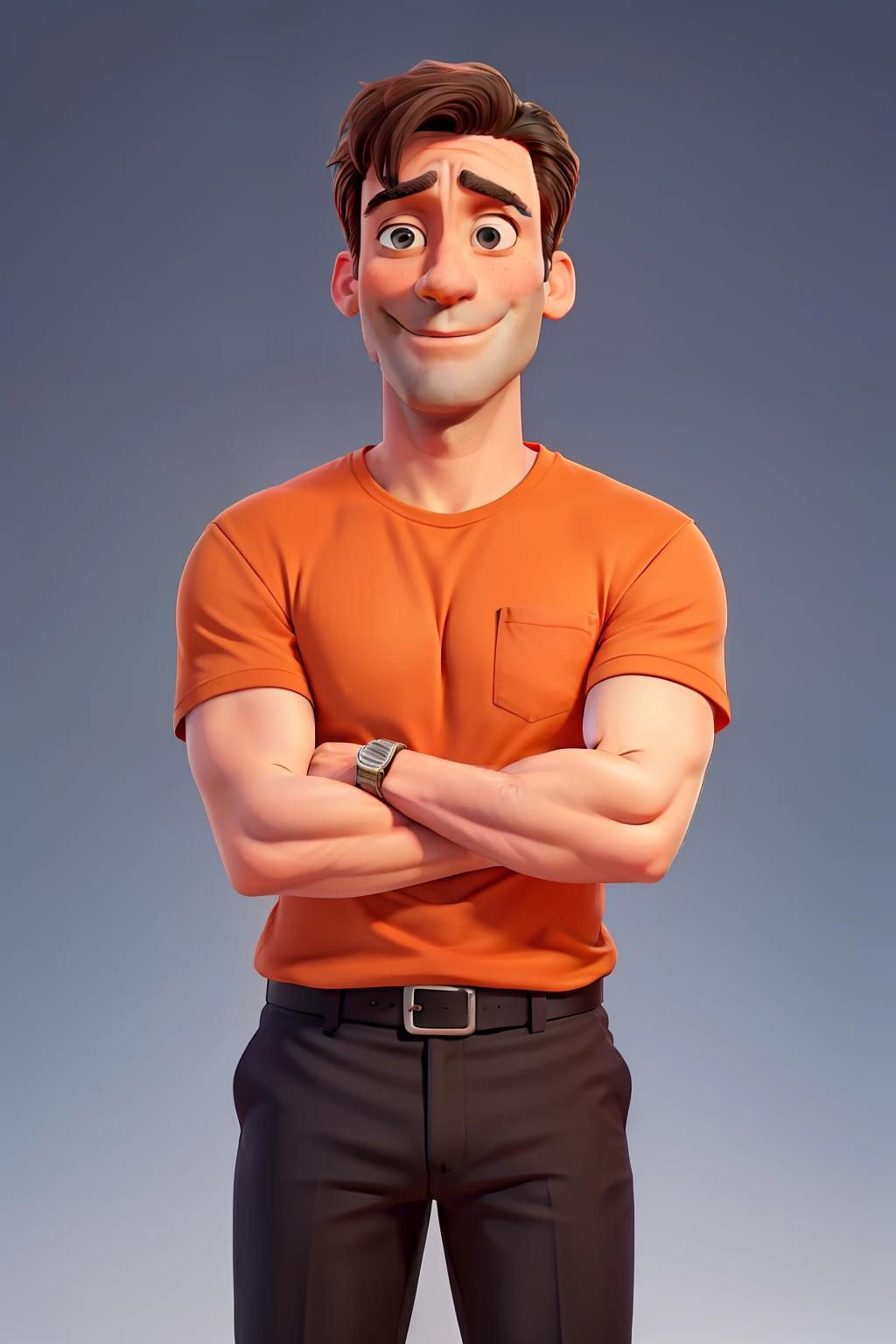 Jon Hamm wore an orange T-shirt and over it a white shirt and black dress pants with his arms crossed looking forward and smiling through his teeth