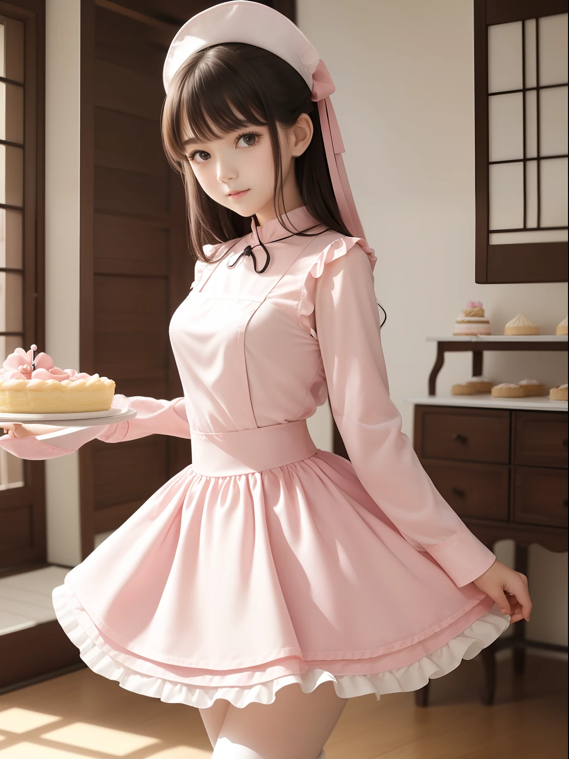 masuter piece, best qualtiy, ((Real Model Shots)), 8K picture quality, ((1 persons)), extremely delicate and beautiful, magnifica, Official art with attention to detail, (Cute ), (Petite and pretty girl), (japanese beauty girl), ((Perfect female figure)), large full breasts, Slim waist, big butts, Black hair, (((Cute pink color long sleeve pastry chef clothes))), Cooking clothes, Whole cakes, atelier, Cake shop, ssmile,