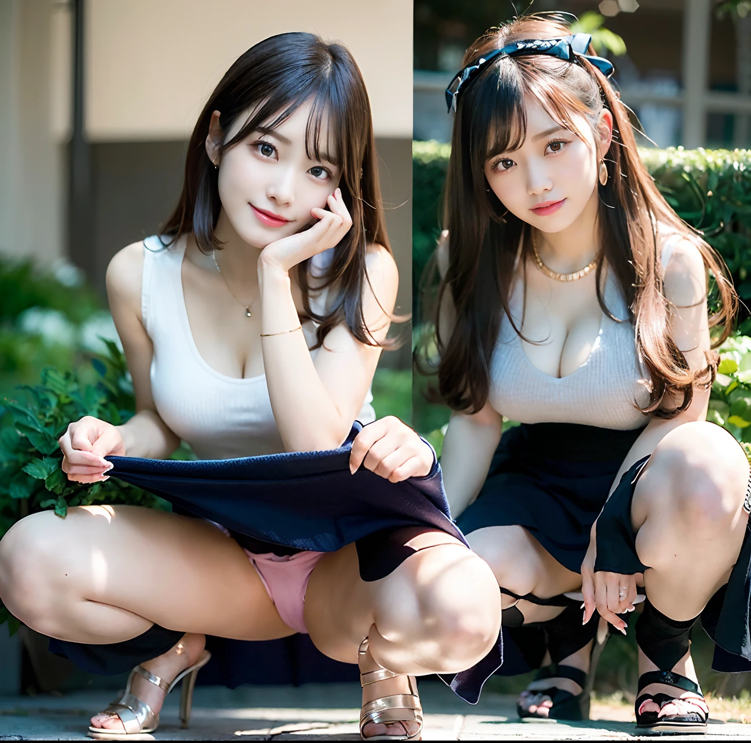 ulzzang -6500-v1.1、(top-quality、masterpiece)、(Raw foto:1.2)、(Photorealsitic:1.4)、top-quality、masters、illustratio、an extremely delicious and beautiful、extremely details CG、Unity、8k wallpaper、astonishing、finely detail、Master's masterpieces、best qualtiy、Official art、extremely detailed CG unified 8k wallpaper、huge filesize、ighly detailed、Single girl in high resolution、(Completely next to each other without separating people), (There is no limit to one work), Teens to 20s、(Representation of the human body based on accurate anatomy)、 intricate detailes、((Japan girl in short skirt in uniform.)), (Neat white sleeveless knit and super mini navy blue pleated skirt), bionde、((large full breasts))、(Women with big breasts), (Sleeveless knitwear is large and braless, So it's cramped),、(skinny thigh)、Very beautiful eyes、Bright ultramarine eyes、(Detailed pupils that reflect light)、(The iris of the eye is painted with fine patterned details)、Natural Eyeshadow、Drawing realistic shadows on the body assuming a light source., Cute girl and mature beauty、Whitening skin、a baby fre and after standing々Pose, Squatting, or sleeping)、Poses that emphasize the buttocks、red blush、I don't want to hide my ass、an ecstatic look on one's face, troubled look, ssmile、Many races、Show off your plump buttocks、Who wants to show off their butt、(Twisting the skirt), I can see panties, (Pink Panties), (Sit and open legs), ((Fold your middle and ring fingers to touch your panties)), bare butts、Backward posture, (Any pose, Because the skirt is constantly twisted by the wind or hands、Pants and buttocks are perfectly visible.), NSFW、Beautiful garden with flowers、Clear sunshine、a short bob