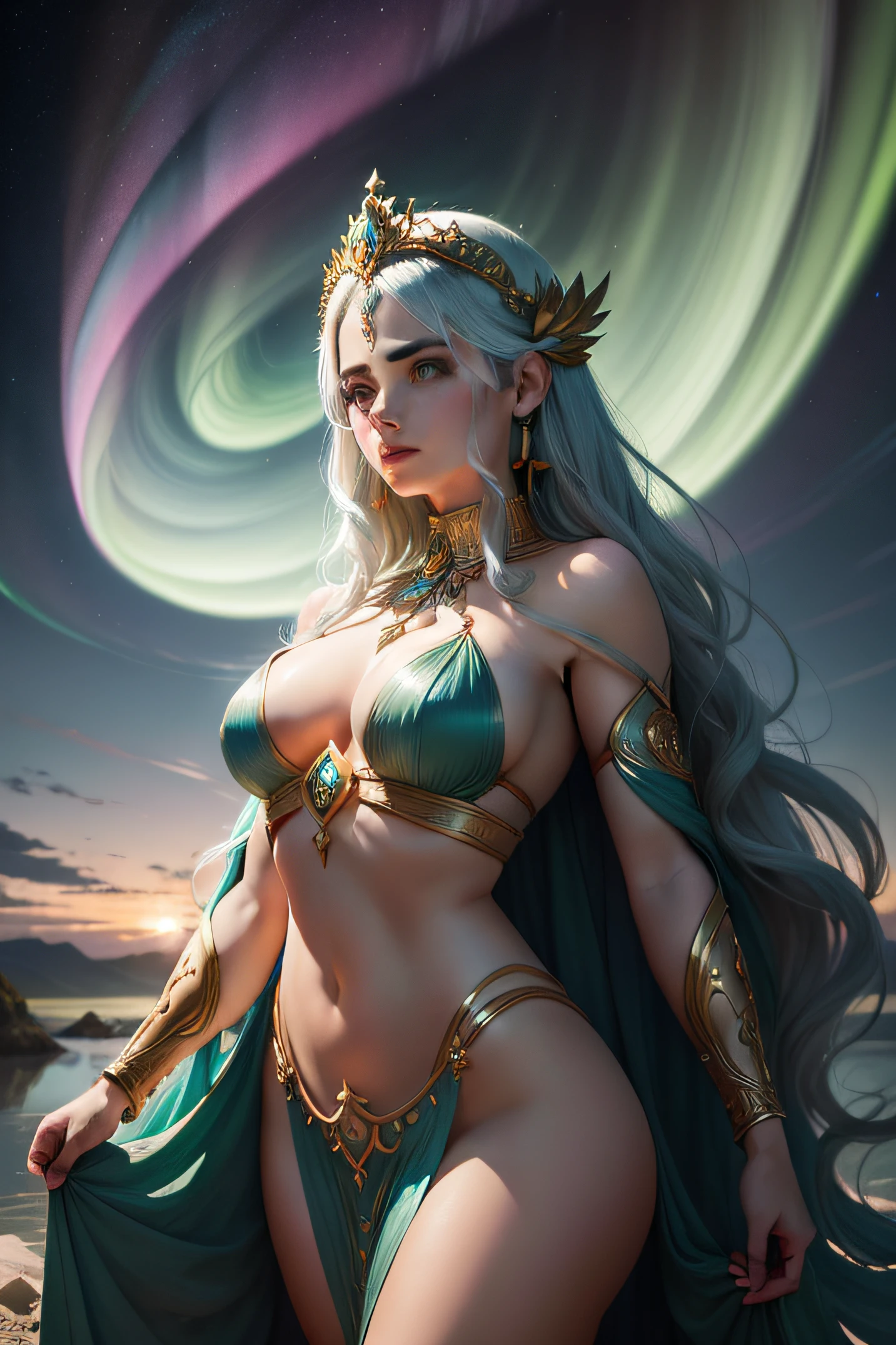 A surreal drawing of a woman who looks like a mythological goddess, con un paisaje de aurora boreal y un cometa surcando el cielo.