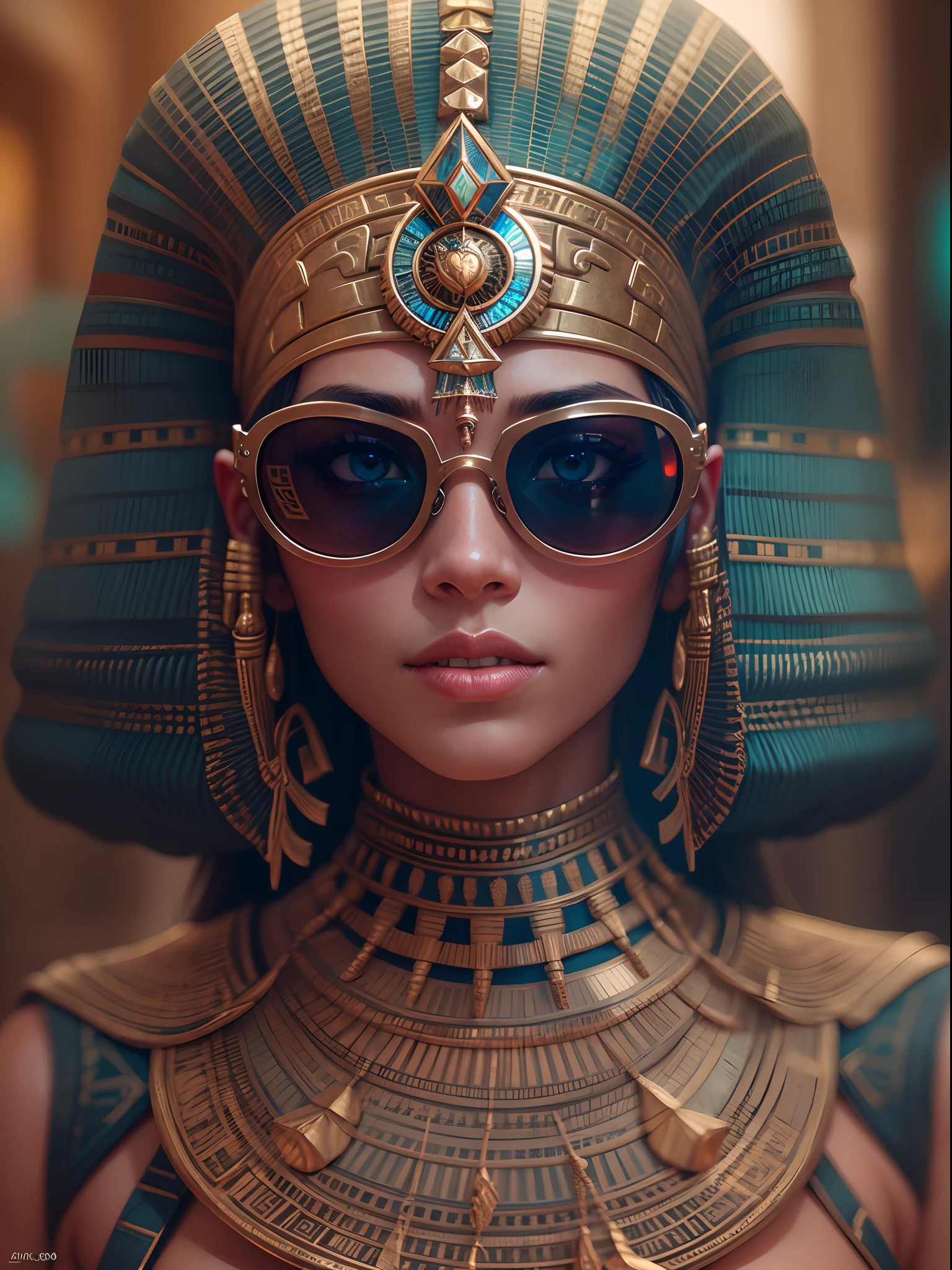 A very realistic and very detailed picture of a beautiful Egyptian Pharaonic woman wearing sunglasses in the city of the future pharaoh , Inscribed outfit with pharaonic shield paintings, long  hair, Hand and body tattoos, Fashion pose, Beautiful hazel eyes symmetrical detailed, detailed gorgeous face, Pharaonic environment developed , Integrating the Pharaonic civilization with future technology , outstanding detail, 30 MP, 4k, Canon EOS 5D Mark IV Digital SLR Camera, 85mm lens, sharp focus, intricately detailed, Long exposure time, f/8, ISO 100, shutter speed 1/125, Diffused backlight, award winning photograph, facing camera, looking into the camera, Monovision, Perfect contrast, high sharpness, facial symmetry, Depth-of-field, ultra-detailed photography, Raitsar, global illumination, Tanvertamim, downy, Ultra-High Definition, 8k, unreal engine 5, Ultra-sharp focus, award-winning photograph, trending on Artstation