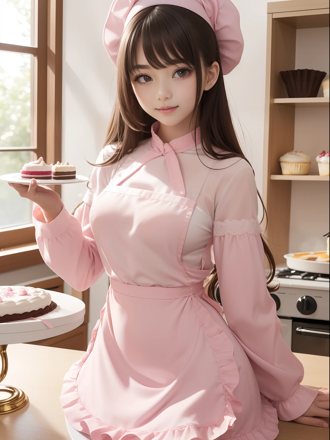 masuter piece, best qualtiy, ((Real Model Shots)), 8K picture quality, ((1 persons)), extremely delicate and beautiful, magnifica, Official art with attention to detail, (Cute little girl), (Petite and pretty girl), (japanese beauty girl), ((Perfect female figure)), large full breasts, Slim waist, big butts, Black hair, (((Cute pink color long sleeve pastry chef clothes))), Cooking clothes, Whole cakes, atelier, Cake shop, ssmile,