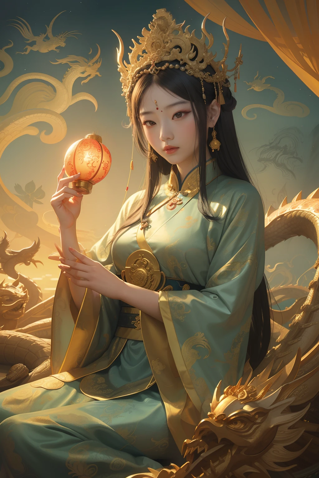 an ancient Chinese goddess, guanyin of the southern seas, Guanyin, Inspired by China, Avalokiteshvara rides a dragon，,Serene expression,shui mo hua,Buddha,Buddhist,Lotus,Chinese painting style,Thangka style