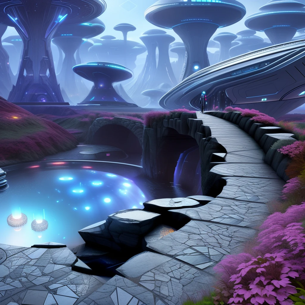 there is a realistic 3D render picture of a futuristic city with a pond in the middle, sci fi alien world, surreal alien kingdom, beautiful alien landscape, gateway to futurisma, alien environment, sci-fi fantasy wallpaper, futuristic setting, amazing alien landscape, science fiction landscape, sci fi scenery, dmt space behind, an alien city, cyber mushroom city, alien landscape
