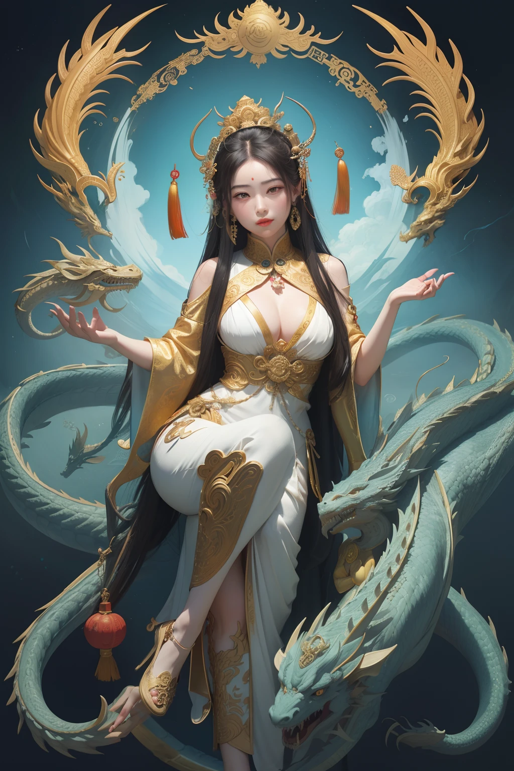 an ancient Chinese goddess, guanyin of the southern seas, Guanyin, Inspired by China, Avalokiteshvara rides a dragon,,Serene expression,shui mo hua,Buddha,Buddhist,Lotus,Chinese painting style,Thangka style