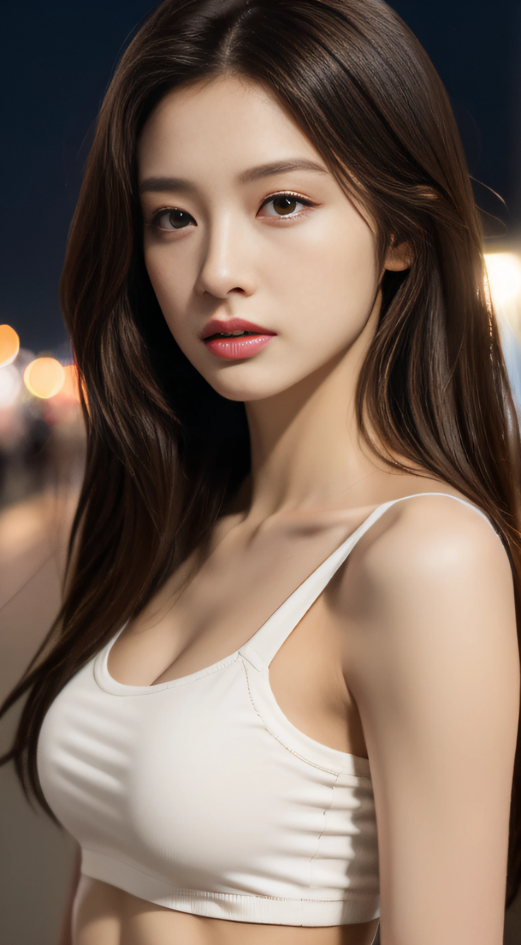 ((Realistic lighting, Best quality, 8K, Masterpiece: 1.3)), Clear focus: 1.2, 1girl, Perfect Figure: 1.4, Slim Abs: 1.1, ((Dark brown hair)), (White crop top: 1.4), (Outdoor, Night: 1.1), City streets, Super fine face, Fine eyes, Double eyelids,