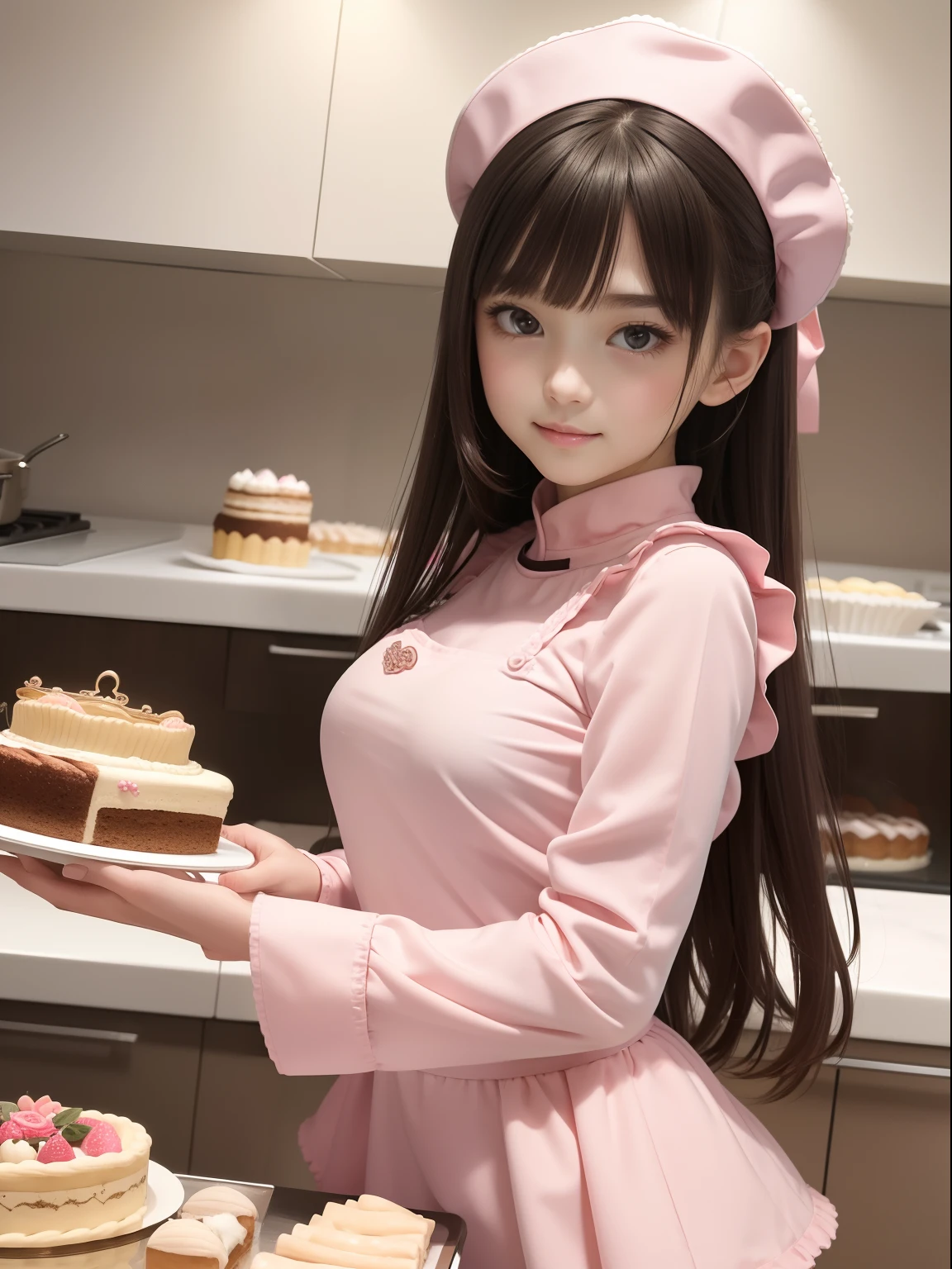 masuter piece, best qualtiy, ((Real Model Shots)), 8K picture quality, ((1 persons)), extremely delicate and beautiful, magnifica, Official art with attention to detail, (Cute little girl), (Petite and pretty girl), (japanese beauty girl), ((Perfect female figure)), large full breasts, Slim waist, big butts, Black hair, (((Cute pink color long sleeve pastry chef clothes))), Cooking clothes, Whole cakes, atelier, Cake shop, ssmile,